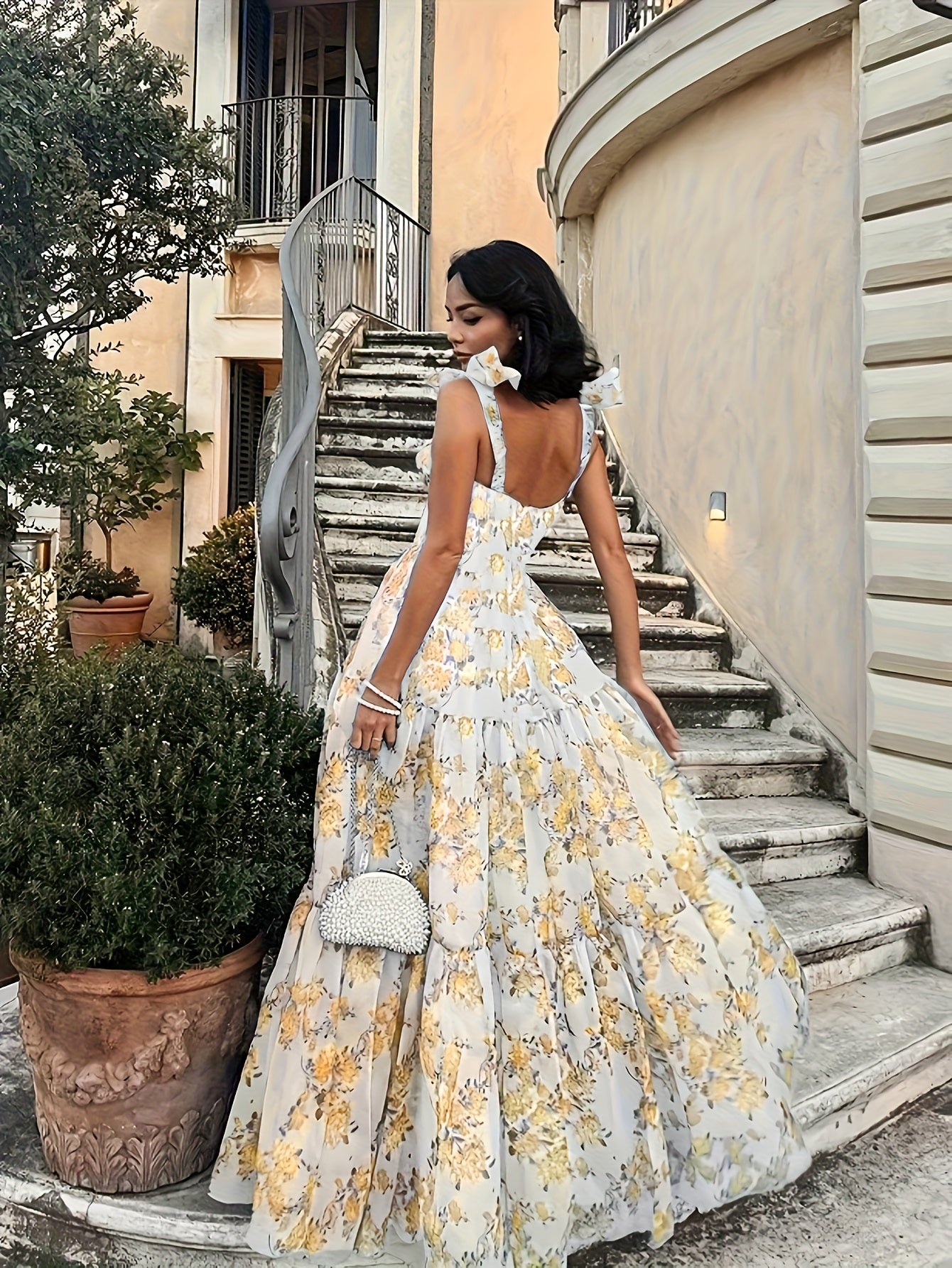 Elegant French Floral Off-Shoulder Long Dress - /MH