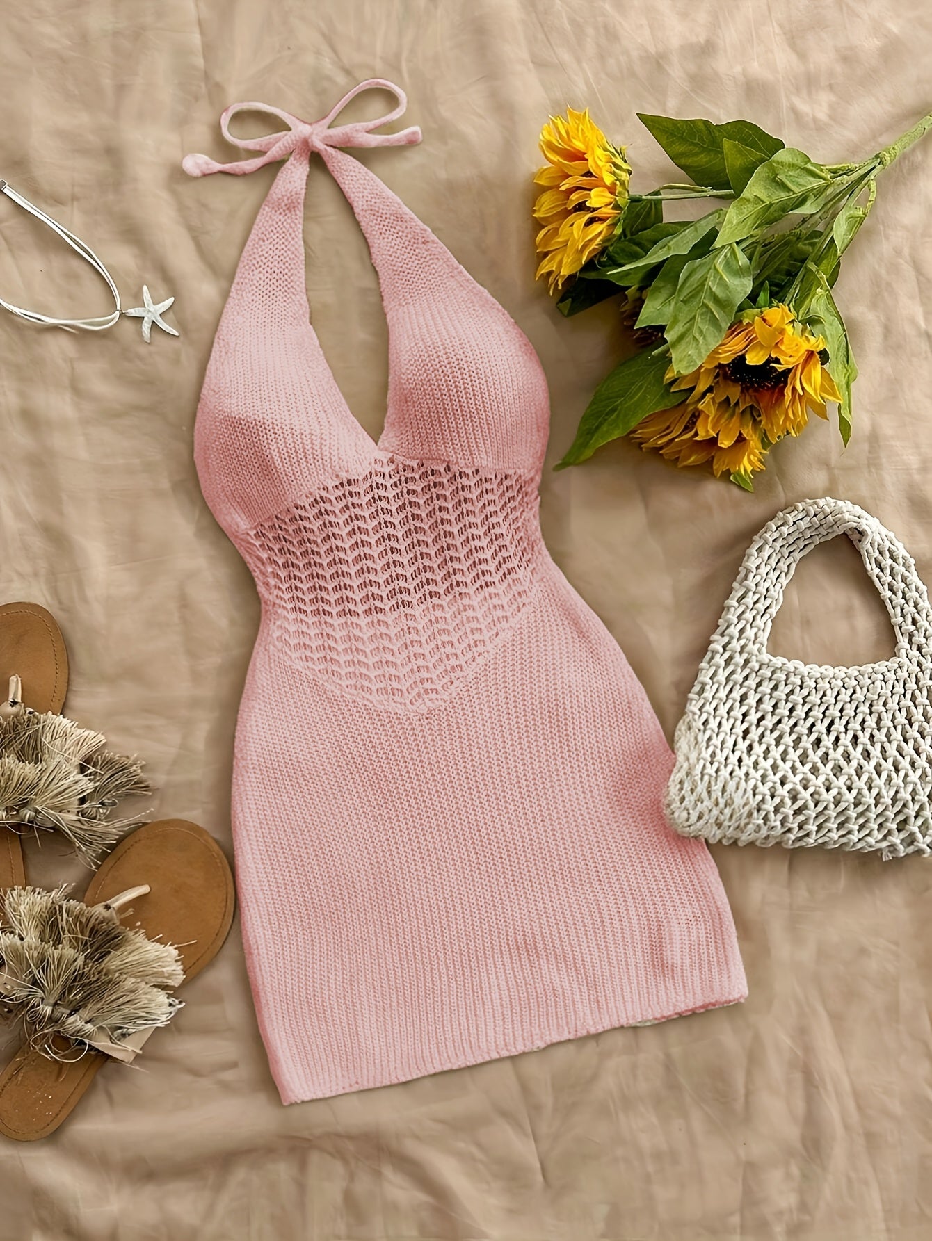 Stylish Vacay Knit Cover Up Dress - Rash Guard Shirts for Women with Halter Tie Neck and Backless Design, Swimwear and Beachwear Clothing for Summer Vacation