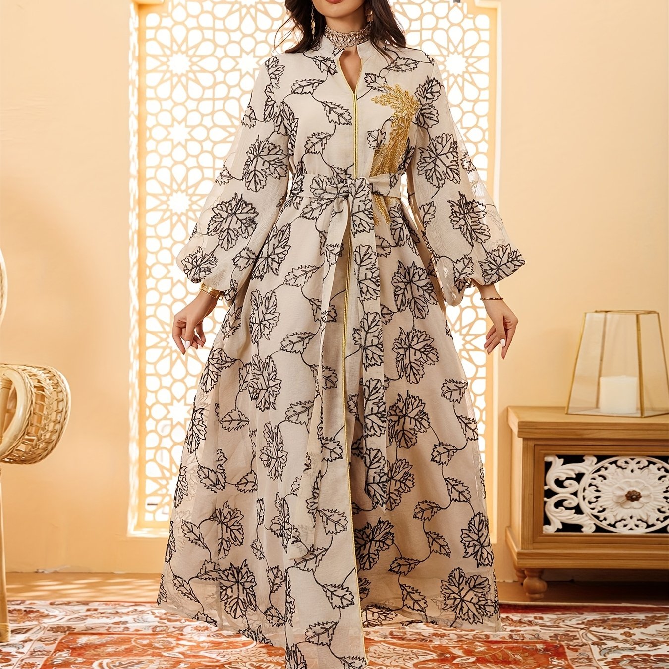 Dubai Floral Embroidery Belted Dress Belt included Lantern Sleeve/MH