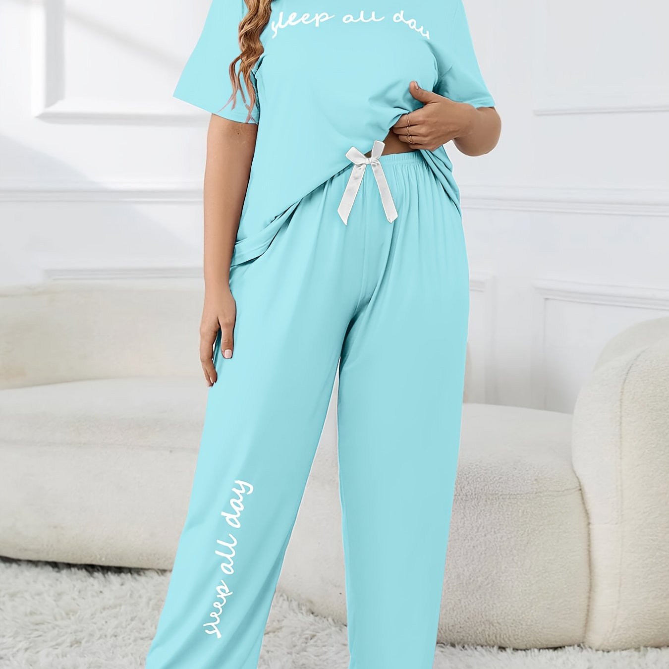 Plus Size Women's Cute Pajama Set, Plus Size Letter Print Short Sleeve Top and Pants Casual 2pcs, Plus Size Pajama Sets