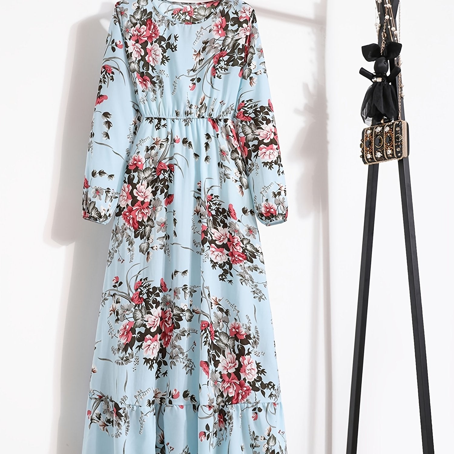 Bohemian Polka Dot Print Long Dress, Ruffle Hem Round Neck Long Sleeve.