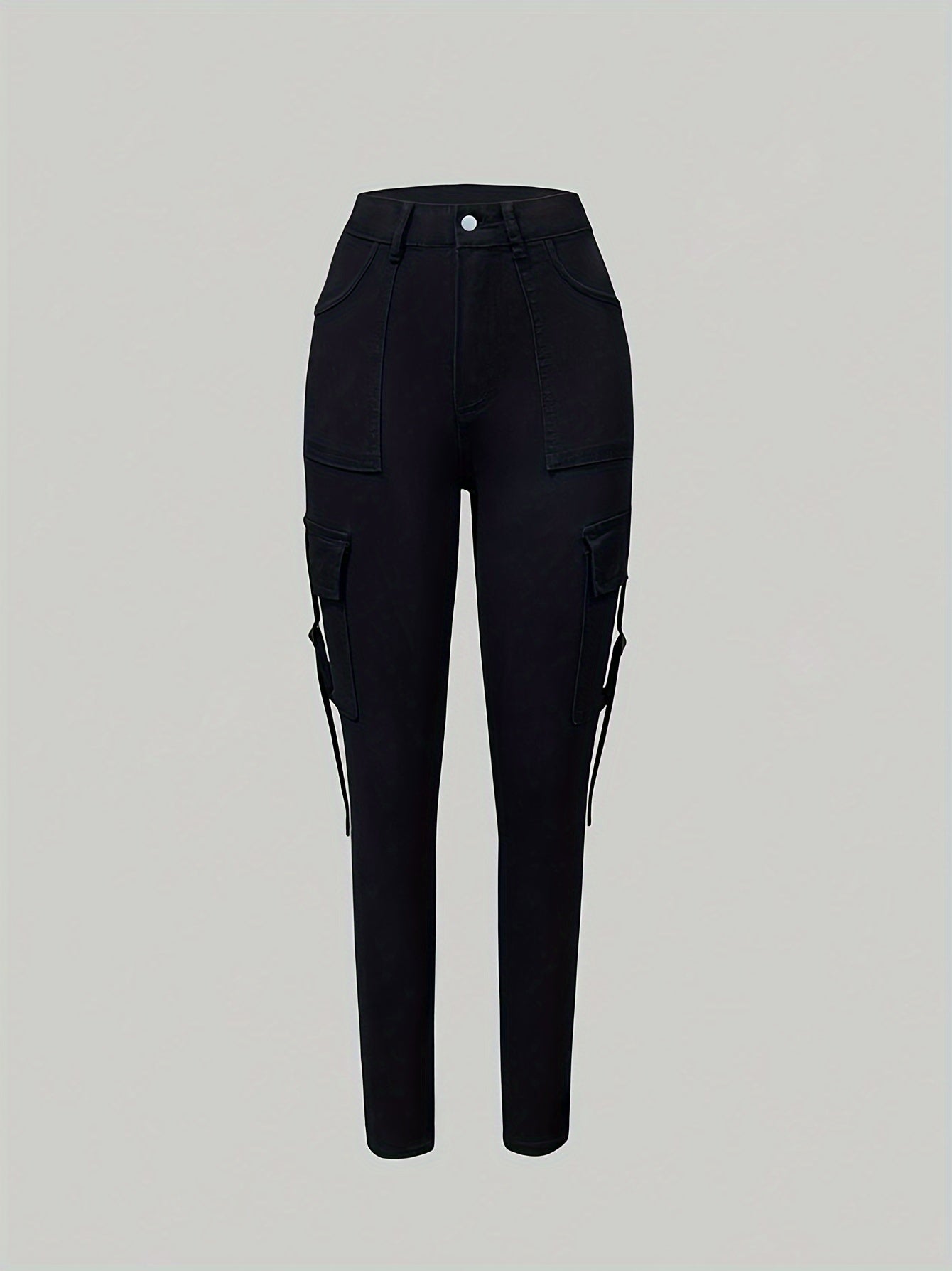 Women's High-Waist Stretchy Black Cargo Pants with Multiple Pockets -/MH