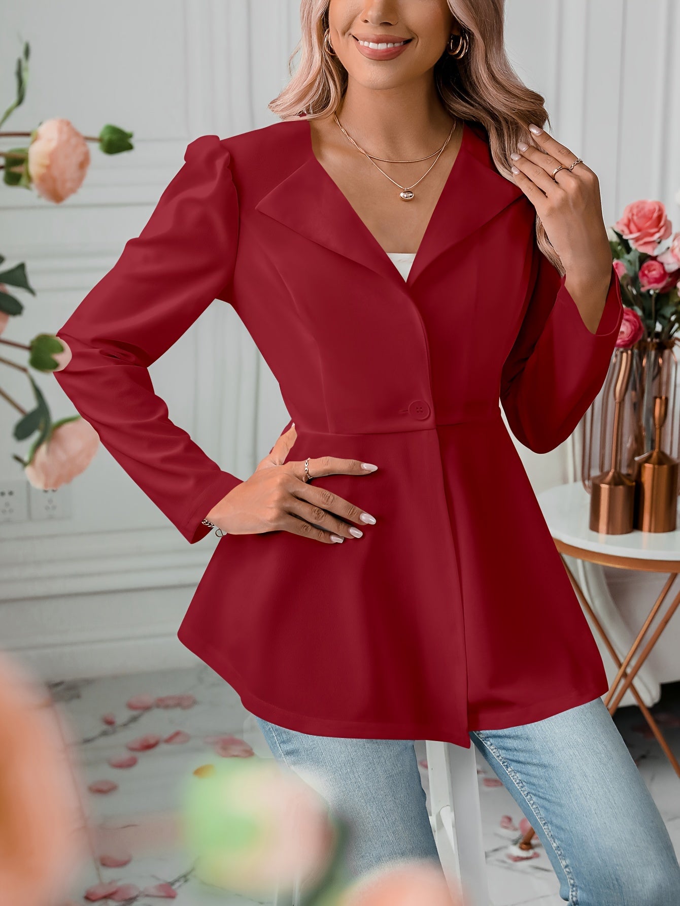 Notched Collar Flare Blazer, Elegant Long Sleeve Button Front Coat,