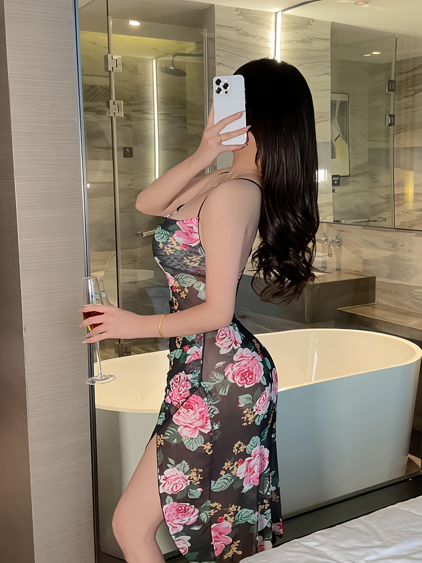 Mesh Printed Graphic Spaghetti Straps With Side Slits Dress, Women's Sexy Lingerie'MH