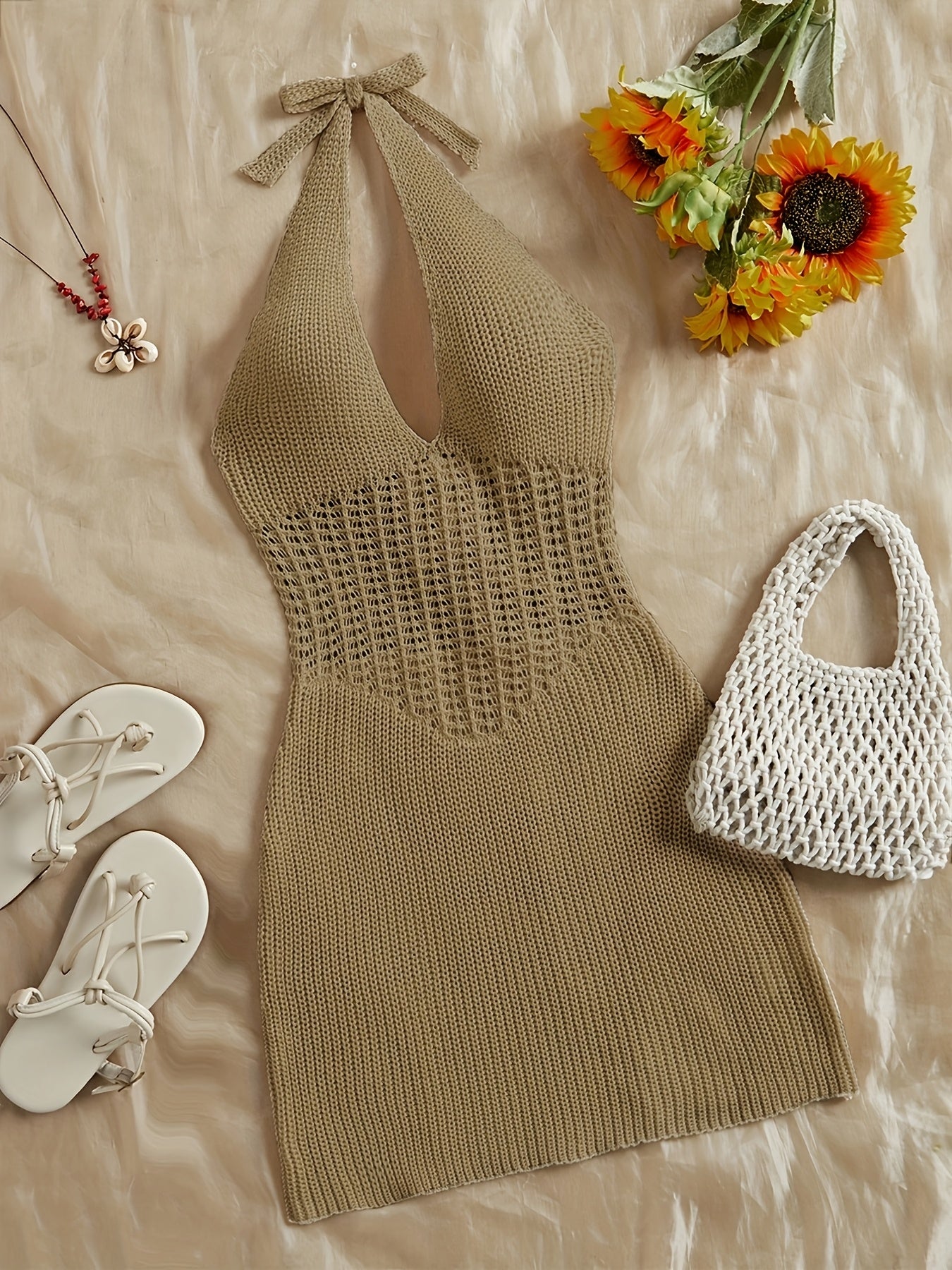 Stylish Vacay Knit Cover Up Dress - Rash Guard Shirts for Women with Halter Tie Neck and Backless Design, Swimwear and Beachwear Clothing for Summer Vacation