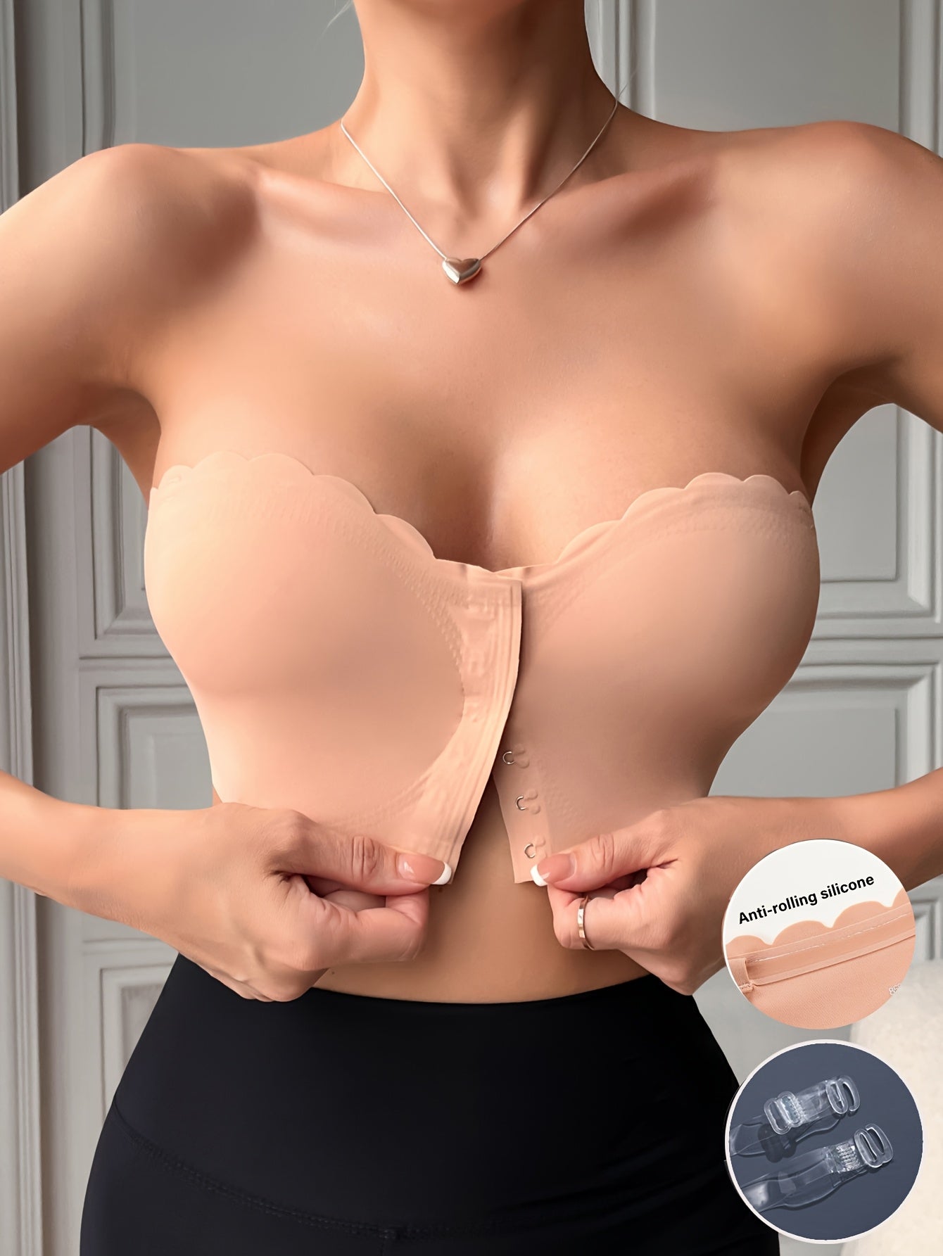 Solid Seamless Strapless Front Closure Wireless Strapless Bra,/MH