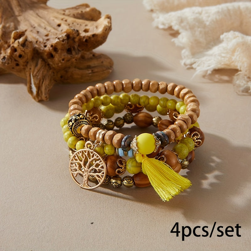 4pcs/set Tree Of Life Pendant Multilayer Beaded Bracelet Round Bead Wooden Bead Bracelet Bohemian Ethnic Jewelry Accessories Handmade -A Stylish Accessory, Father's Day Gift