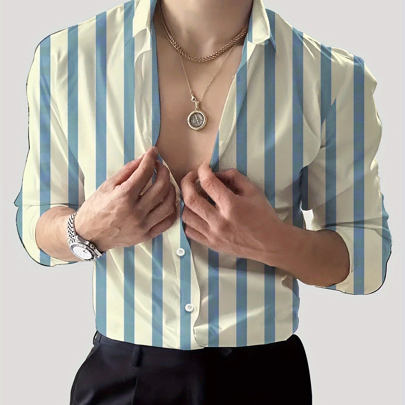 Men's Striped Lapel Collar Dress Shirts, Long Sleeve .