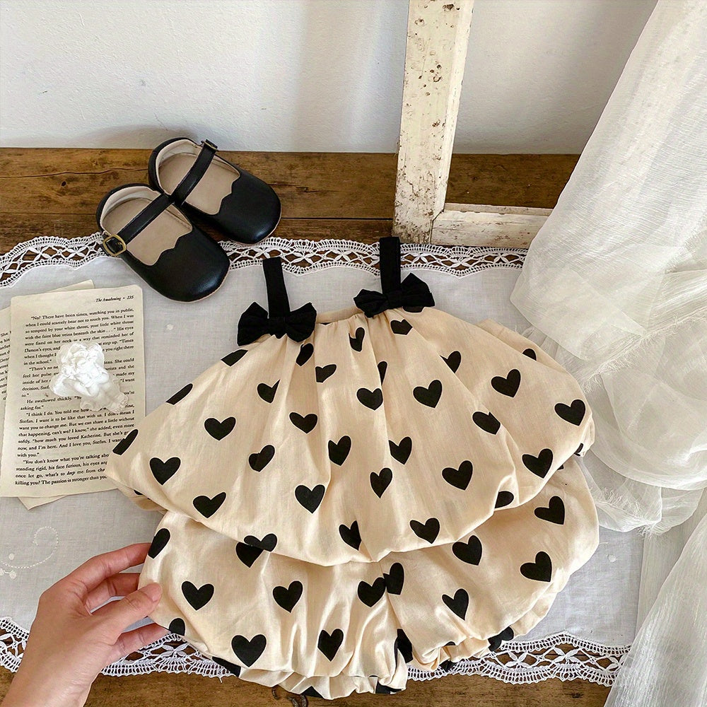 Baby Cotton Sleeveless Bowknot Decor Cami Top+Apricot Love Print Shorts 2pcs Set For Toddler Girls