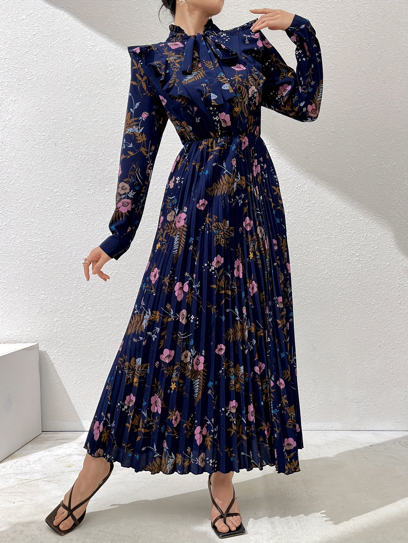 Floral Print Tie Neck Ruffle Trim Kaftan Dress, Elegant Long Sleeve '/MH