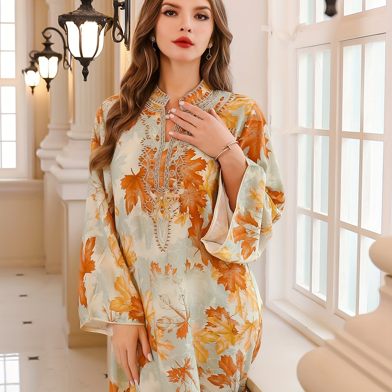 Maple Print Tie Neck Kaftan Dress, Elegant Long Sleeve 'MH