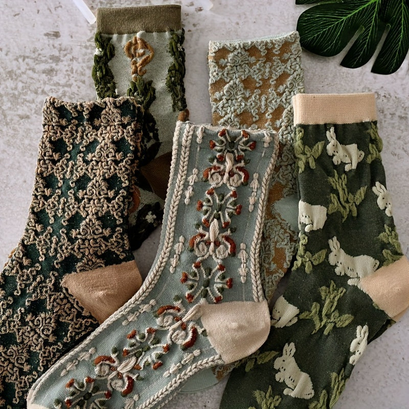 5 Pairs Floral Print Socks, Comfy & Cute Mid Tube Socks, /MH