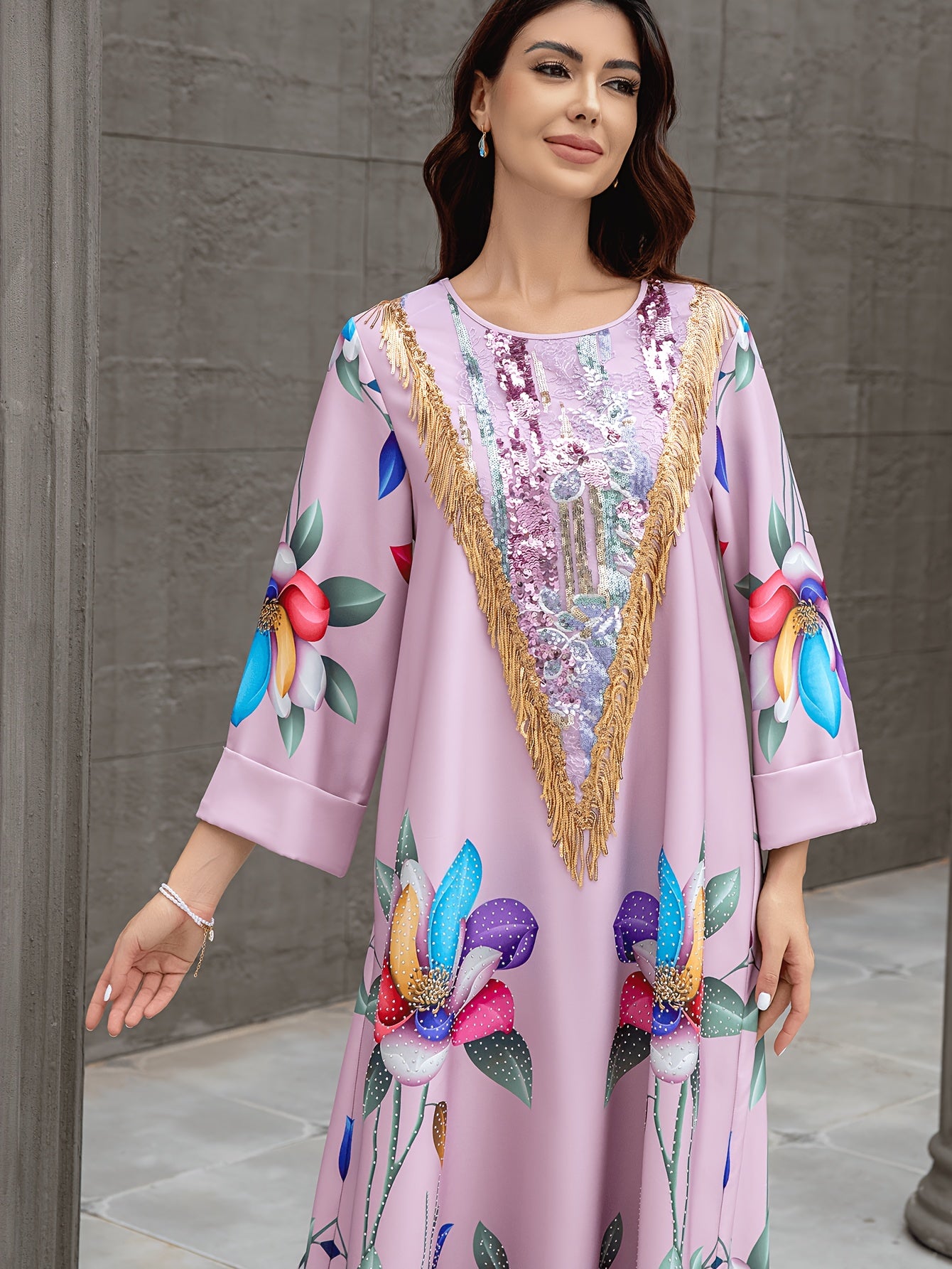 1pc Elegant Floral Abaya Dress for Women, Long Sleeve '/MH