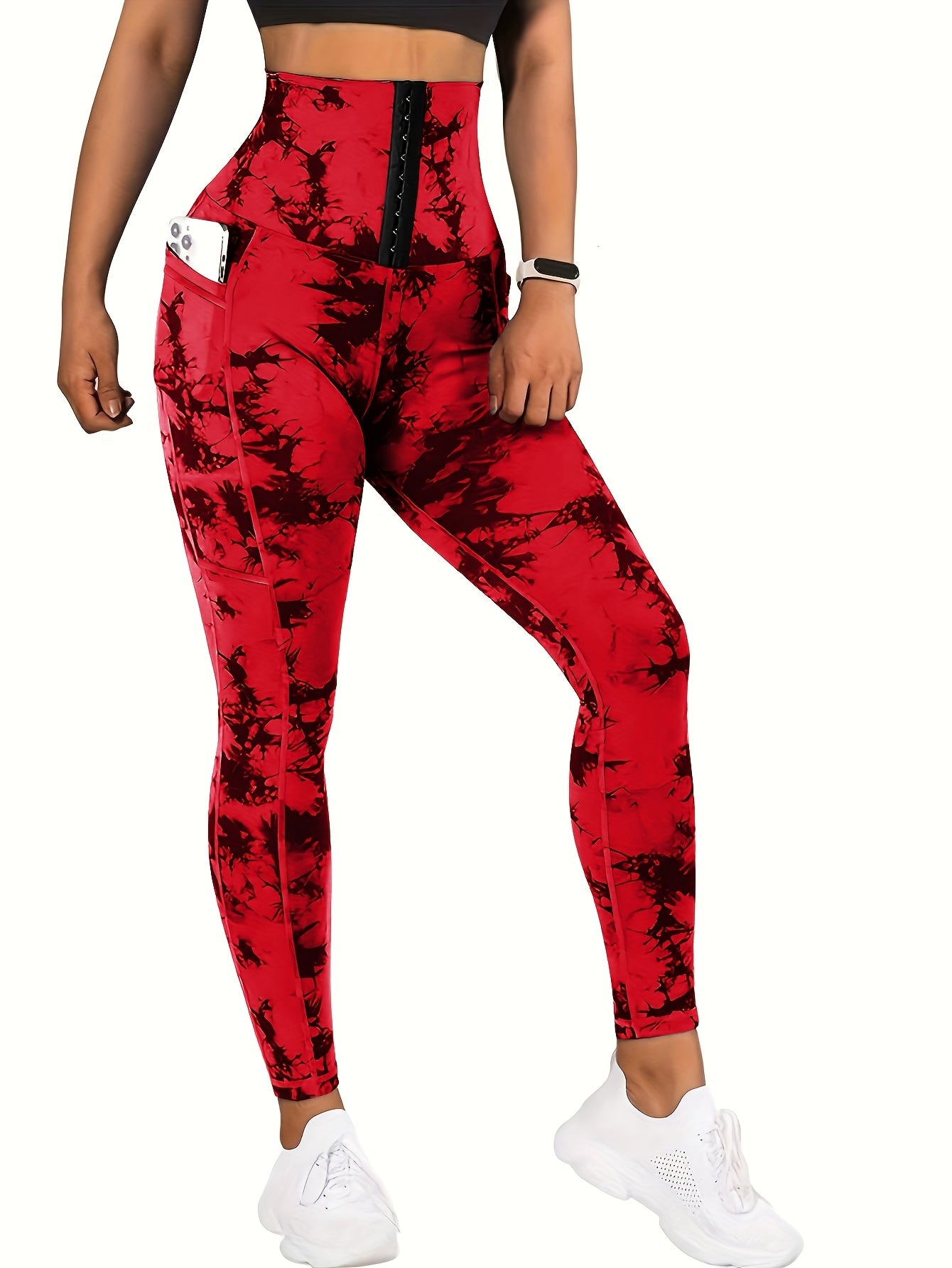 Women'S High-Waist Tie-Dye Yoga Leggings with Front Button Closure & Pockets .