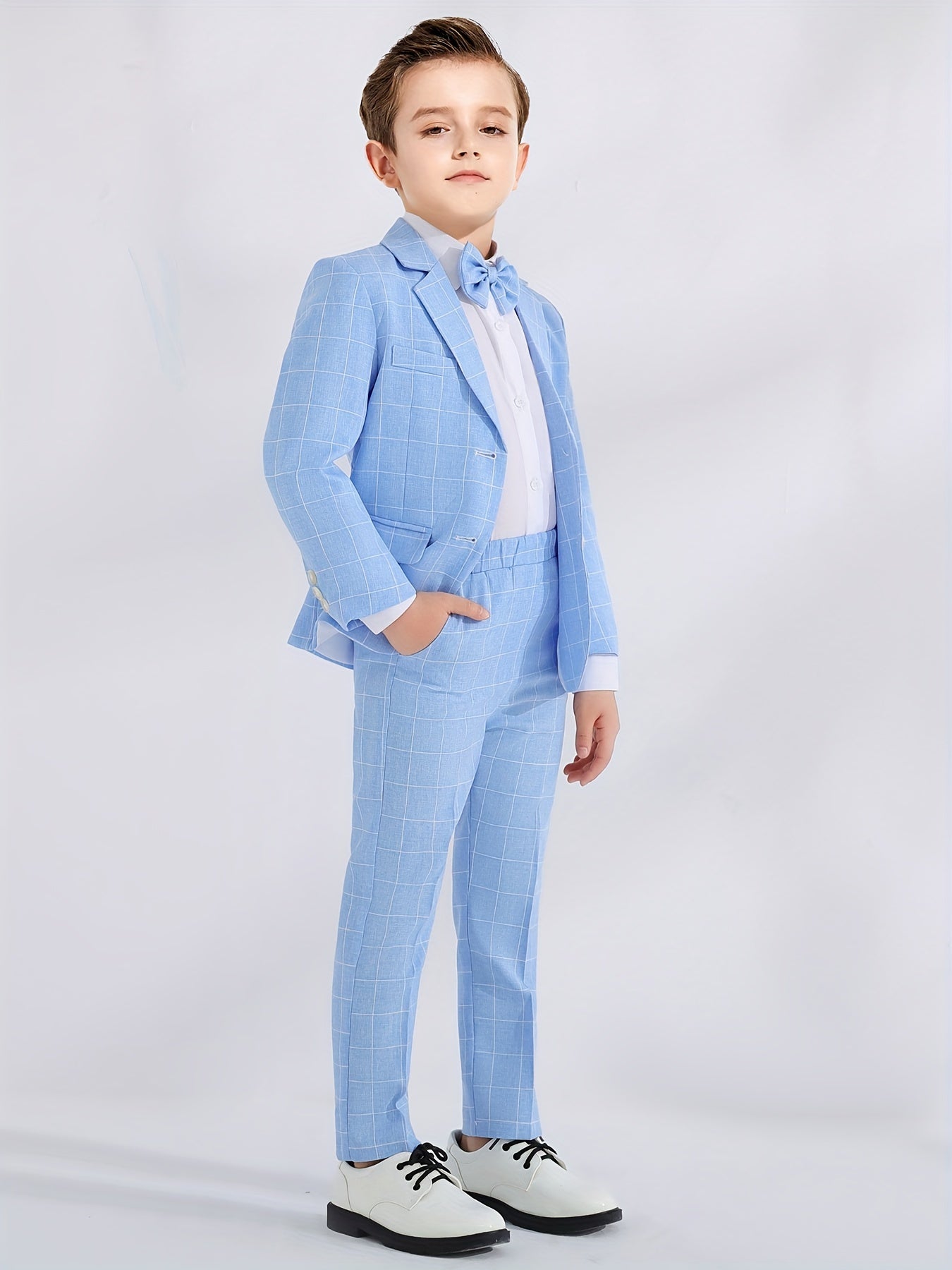 3pcs Boys Formal Plaid Gentleman Outfits, Long Sleeve Blazer.