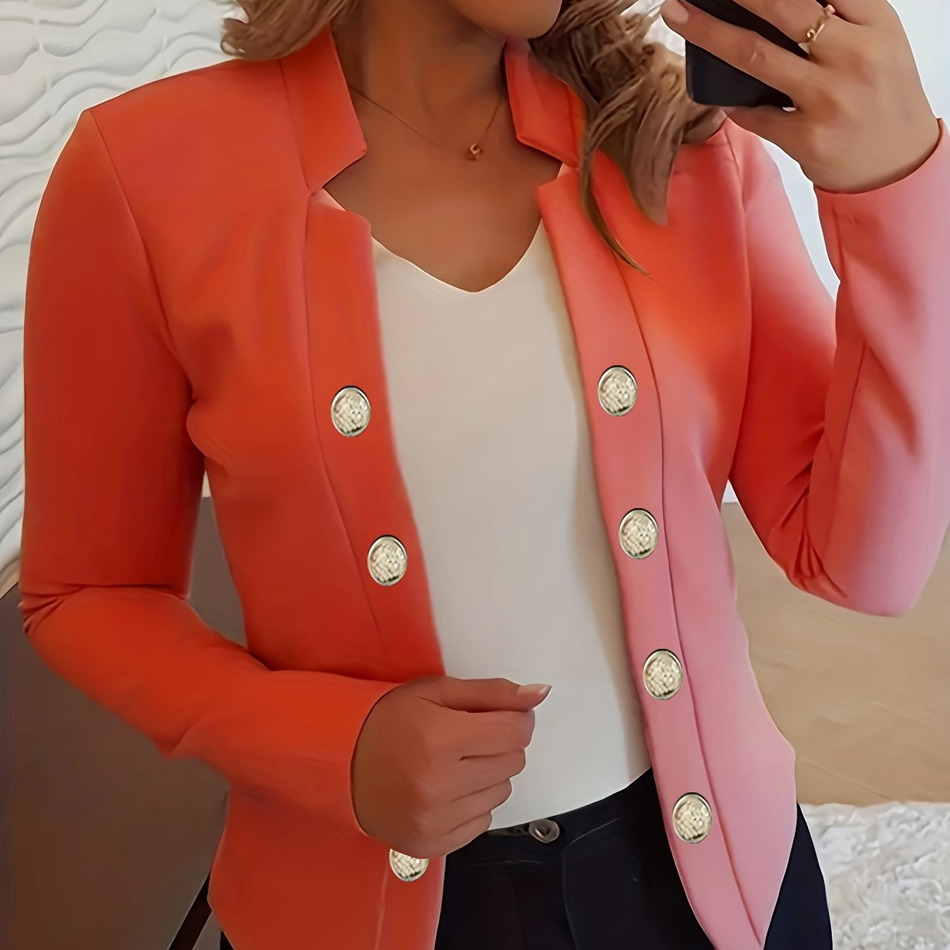 Button Decor Open Front Blazer, Casual Long Sleeve.
