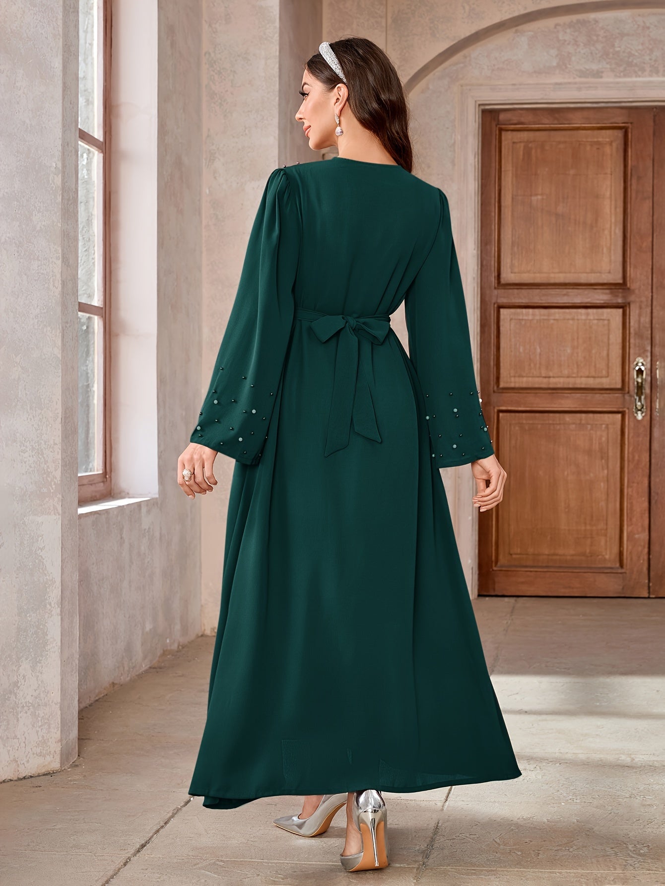 Elegant Navy Blue Abaya with Pearl Embellishments and Belt -/MH