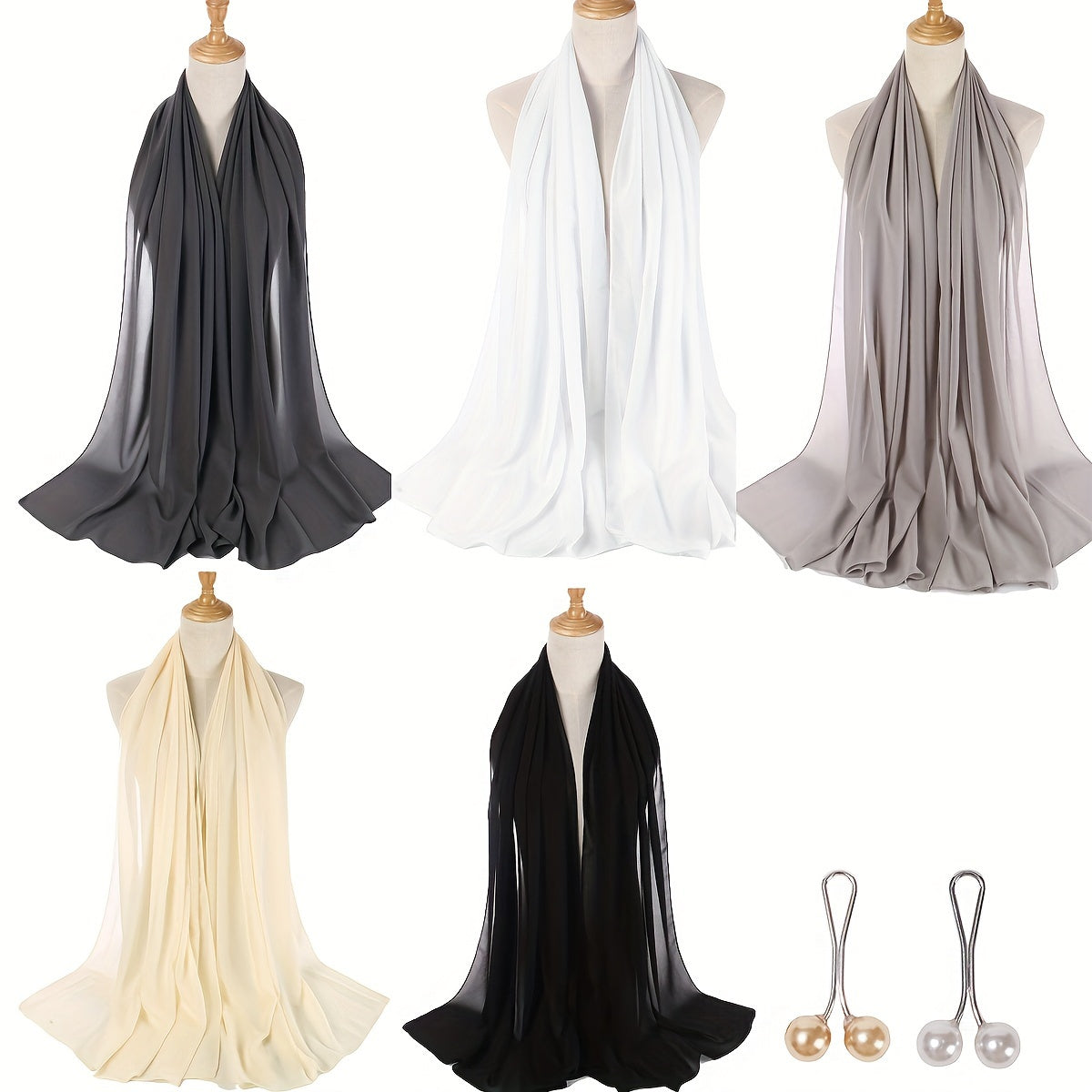 1box Solid Color Chiffon Hijab And Hijab Pins Thin Breathable Sunscreen Scarves'/MH