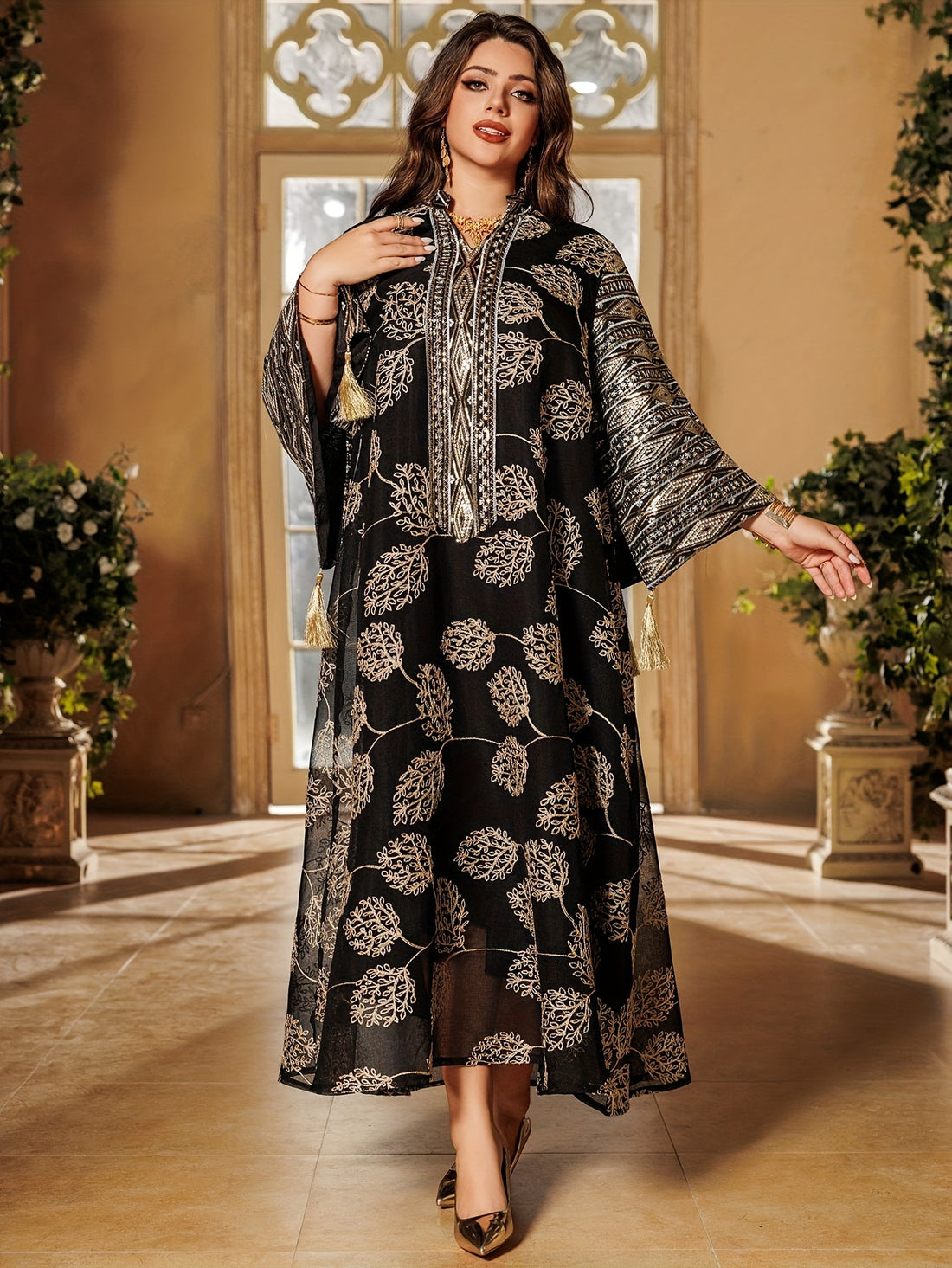 Elegant Black & Golden Decorated Kaftan for Women - ./MH
