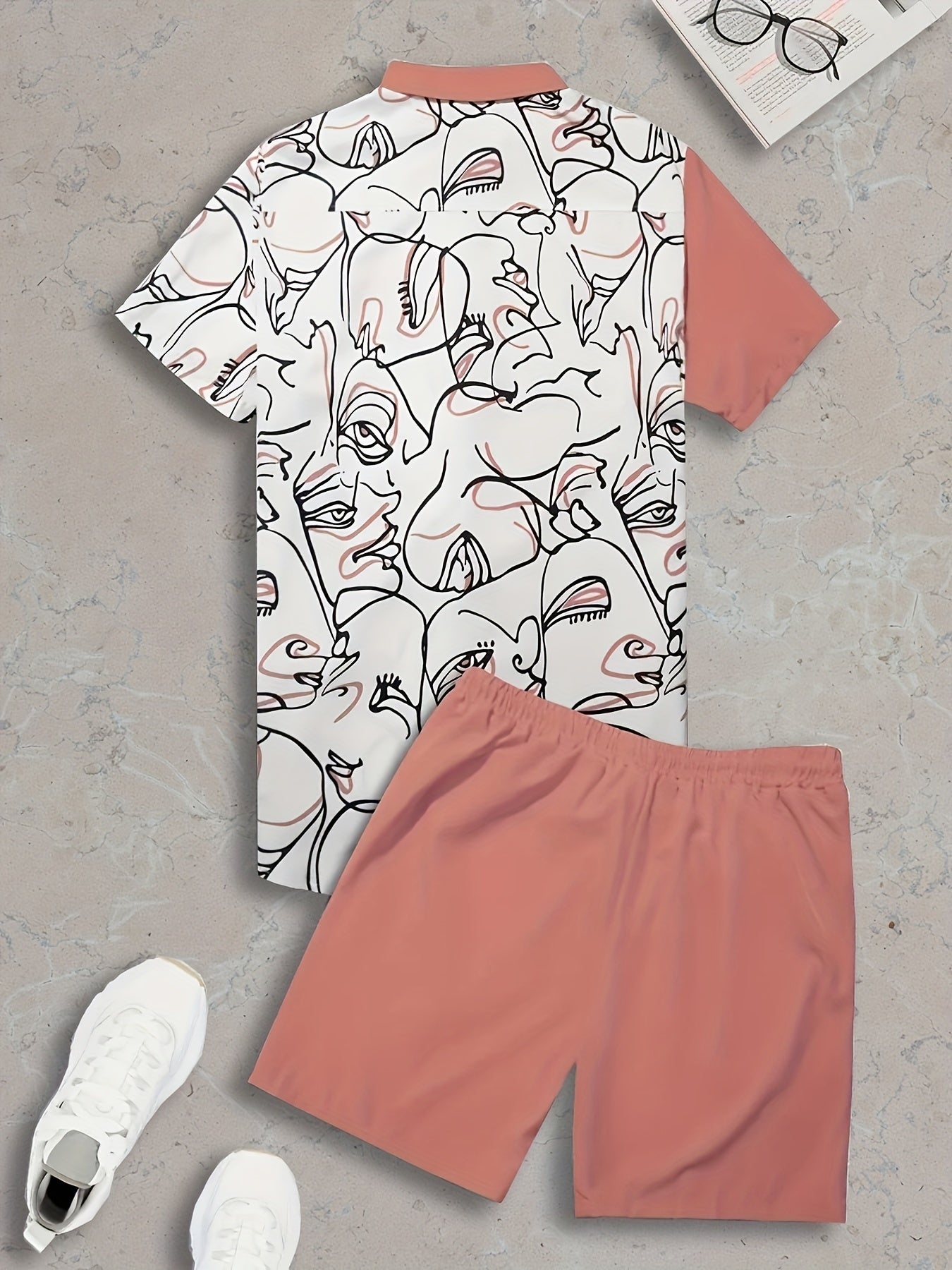 Abstract Painting Print, Men's 2Pcs Outfits, Casual Camp Collar Lapel Button Up.