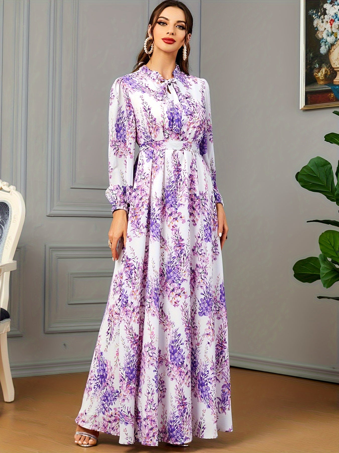 Ramadan Floral Print Tie Neck Kaftan Abayas, /MH