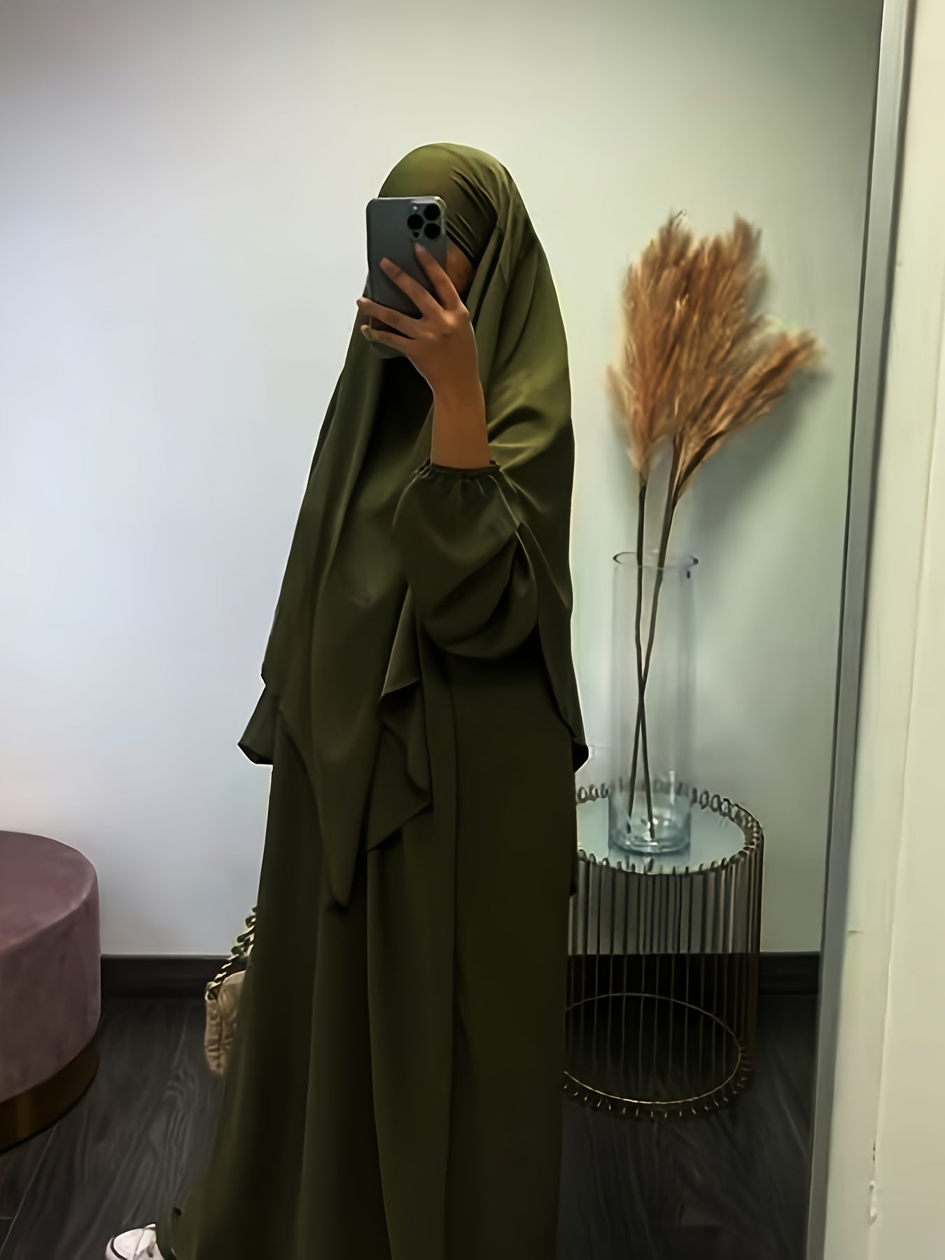 Solid Color Simple Modest Dress, Elegant Long Sleeve Maxi Dress With Hijab, /MH