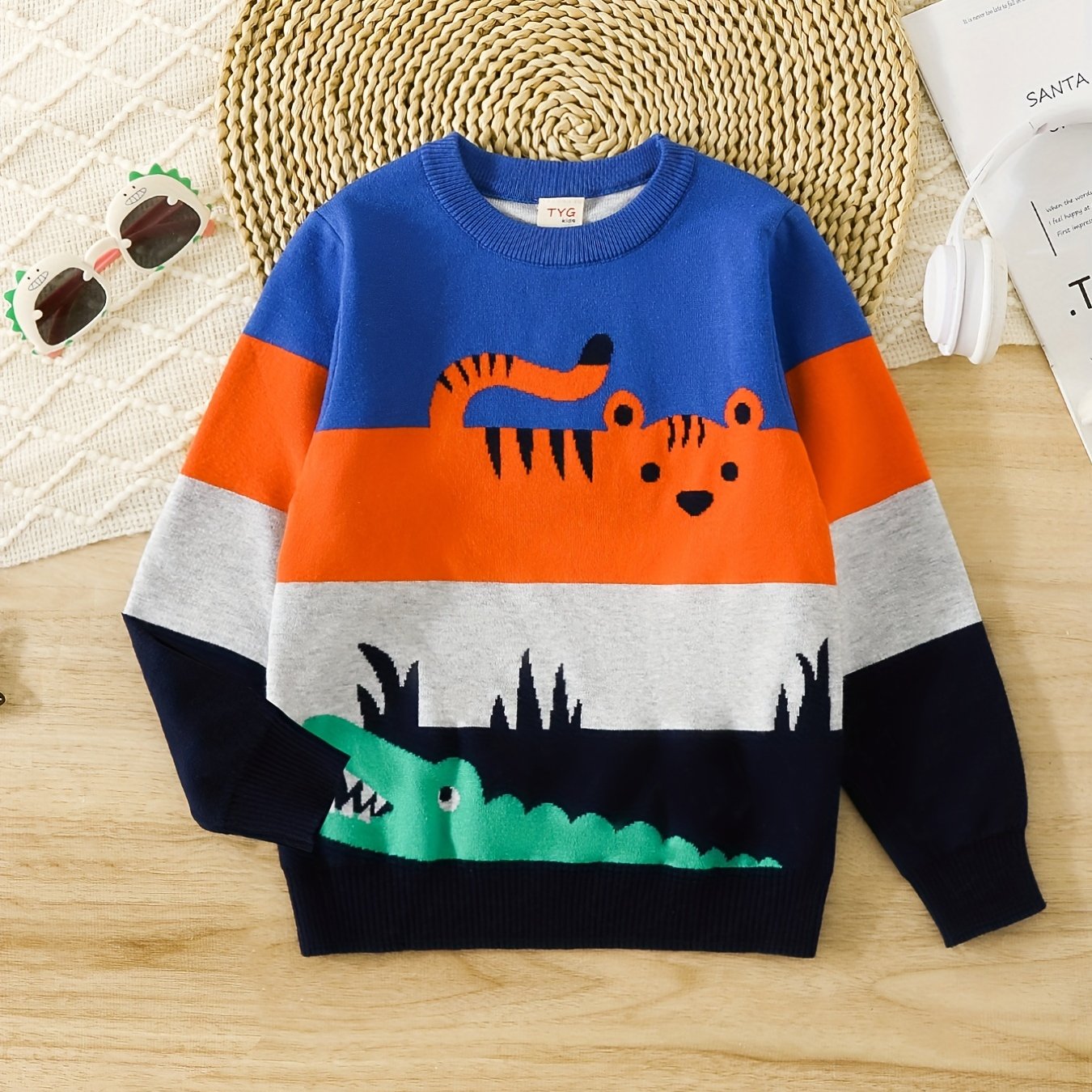 Boys Color Block Cartoon Tiger And Crocodile Pattern Sweater
