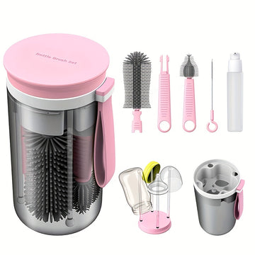 ZhenNian Travel Bottle Brush Set With Extendable Silicone Bottle Brush, Nipple Brush, Magnetic Bottle Drying Rack, Straw Cleaner Brush, Bottle Soap Dispenser, Pink, halloween, Thanksgiving, Christmas Gift