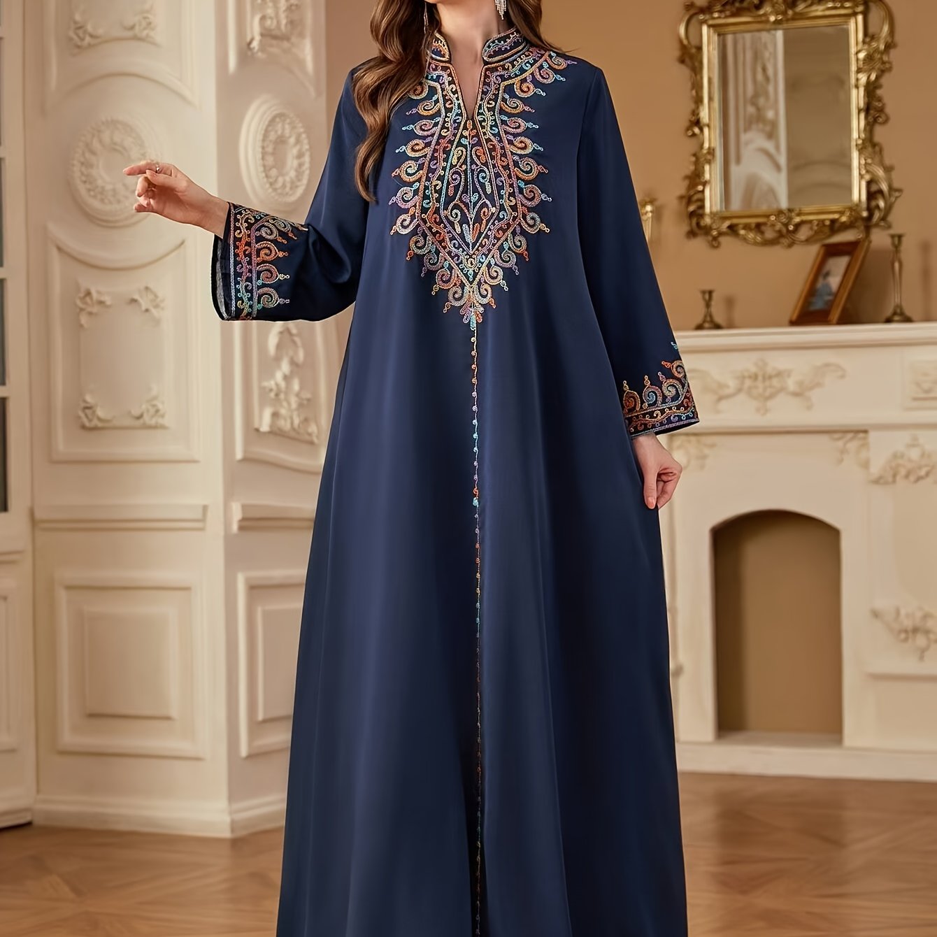 Elegant Light Blue Abaya with Intricate Floral Patterns - Long Sleeve, V-Neck, /MH