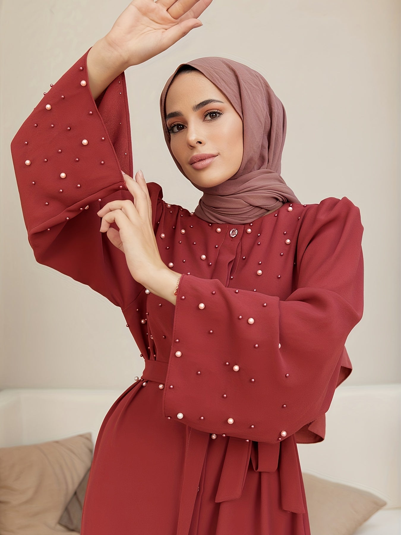 Elegant Navy Blue Abaya with Pearl Embellishments and Belt -/MH