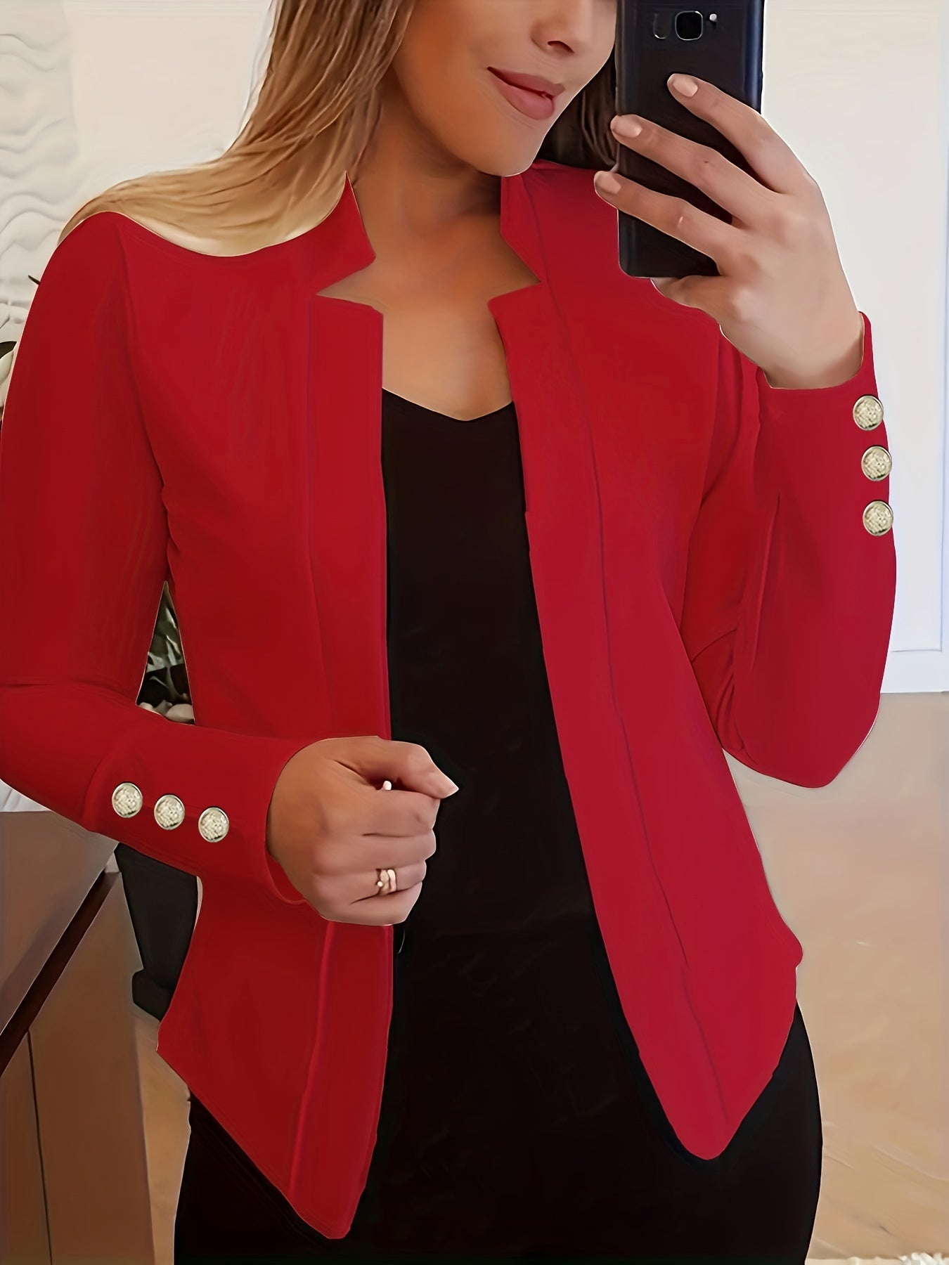 Solid Open Front Button Decor Blazer, Elegant Long Sleeve Blazer.
