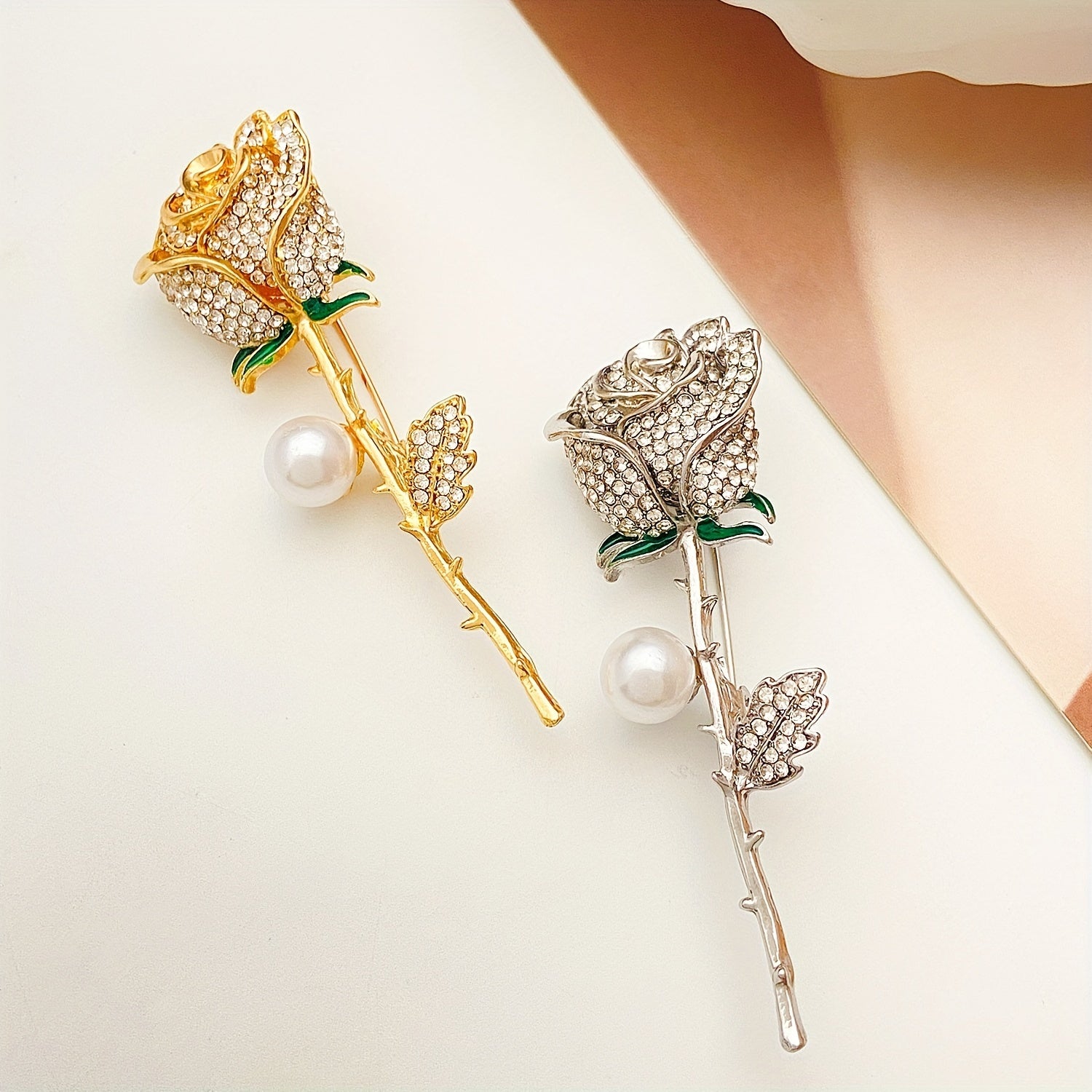 Elegant Rose Flower Brooch with Sparkling Rhinestones & Faux Pearls - Chic Geometric Metal Pin for Women, Perfect for Parties & Gifts