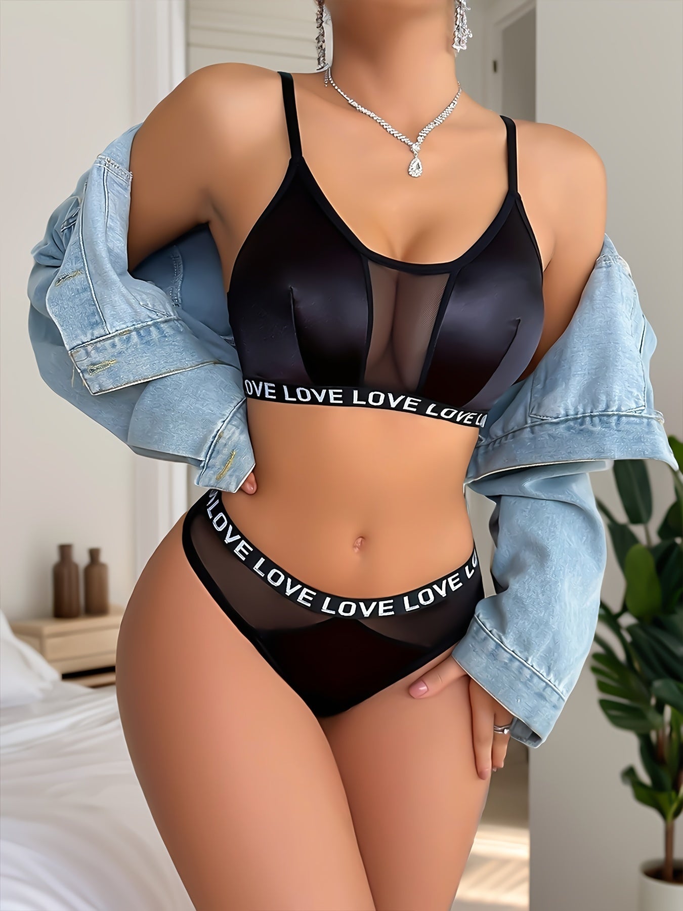 1pc Letter Print Trim Mesh Contrast Bra, Sexy Semi Sheer Glossy Bra, /MH