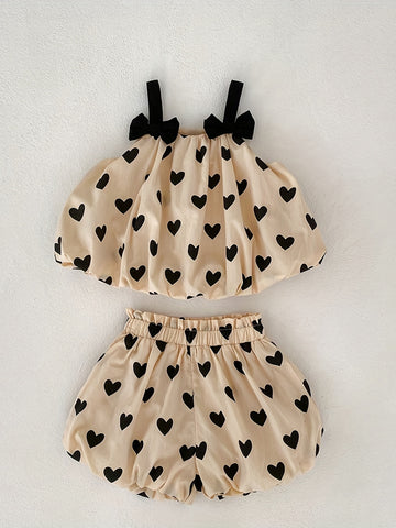 Baby Cotton Sleeveless Bowknot Decor Cami Top+Apricot Love Print Shorts 2pcs Set For Toddler Girls