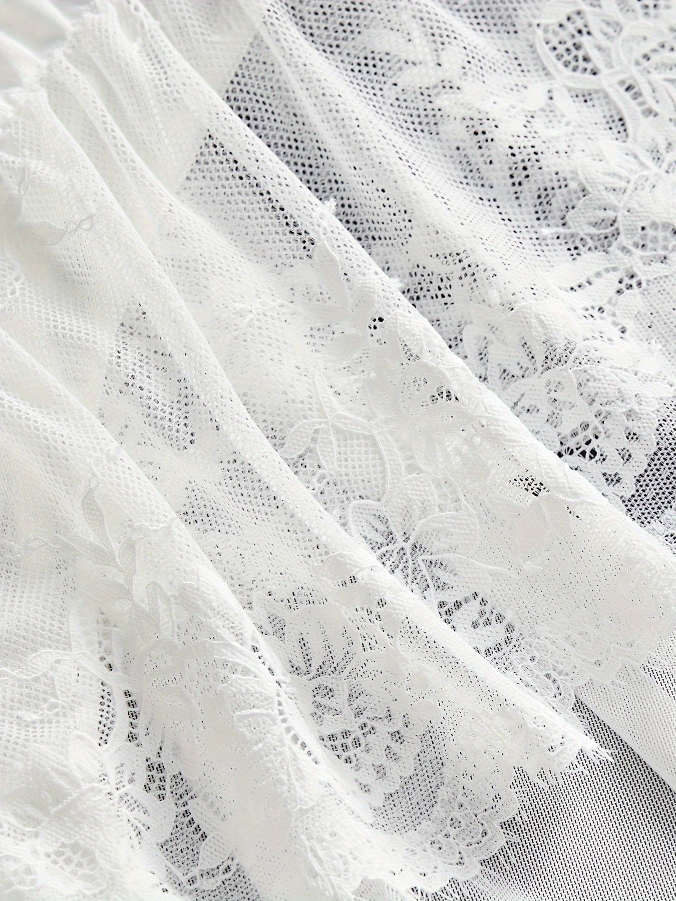 Solid Floral Lace Lingerie Set, Sexy Semi Sheer Ruffle Lace Bodysuit & Sleeves'/MH