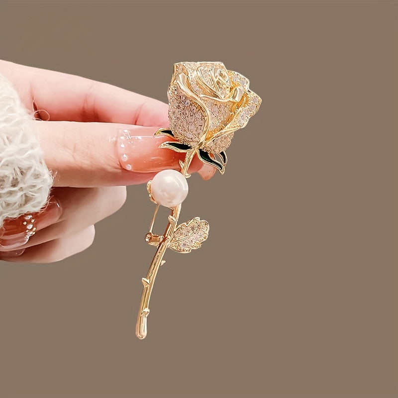 Elegant Rose Flower Brooch with Sparkling Rhinestones & Faux Pearls - Chic Geometric Metal Pin for Women, Perfect for Parties & Gifts