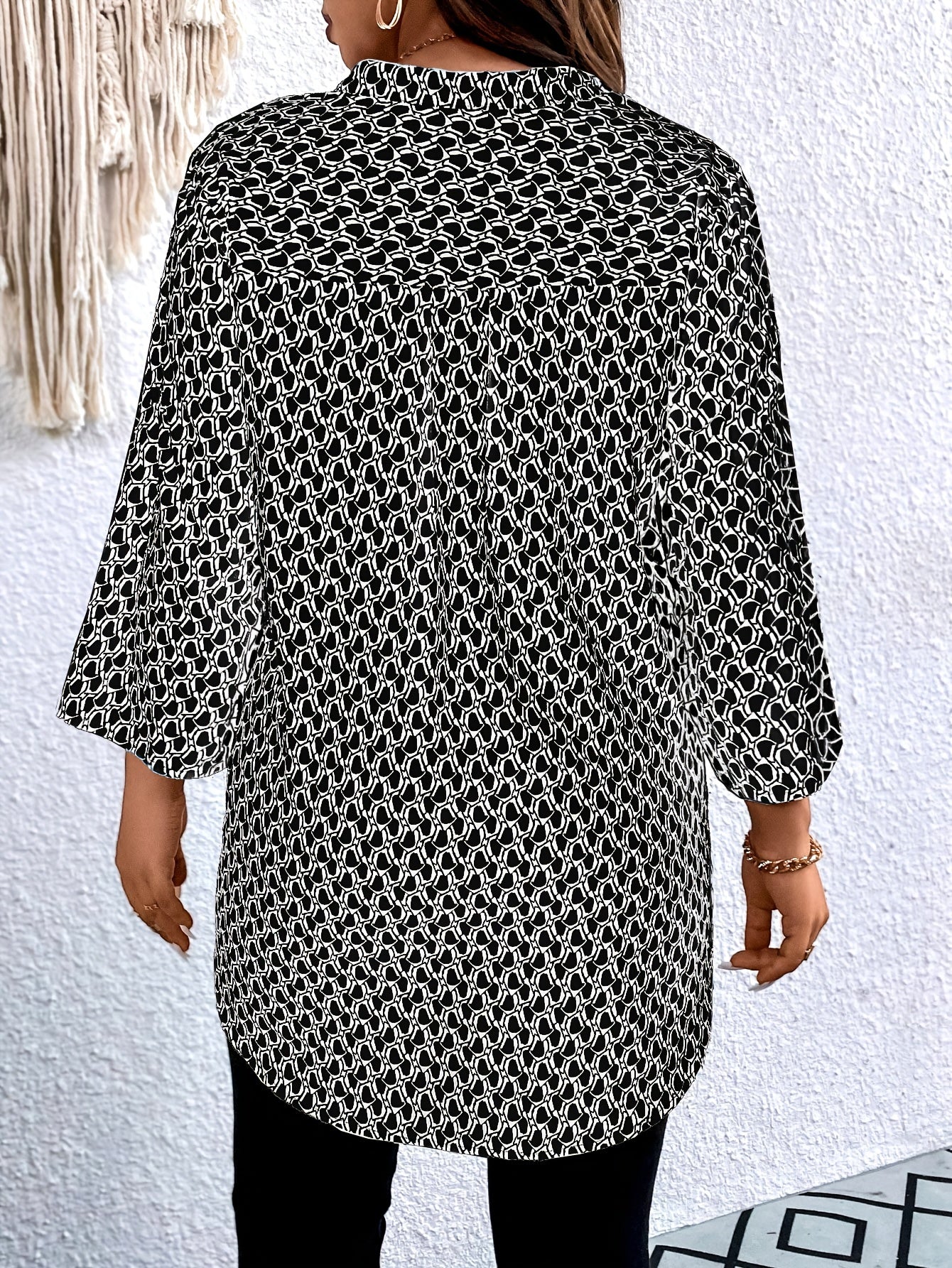 Plus Size Women's Allover Print Roll Up Sleeve Notched Neck Tunic Top Casual Blouse
