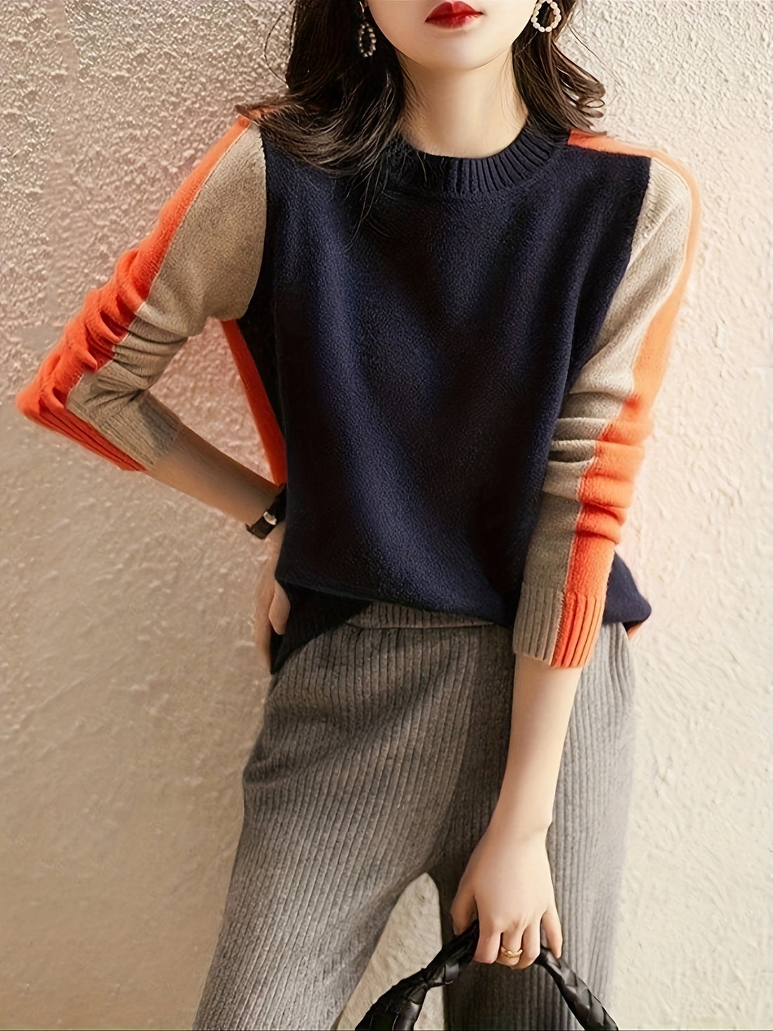 Crew Neck Pullover Sweater, Casual Long Sleeve Fashion Sweater,