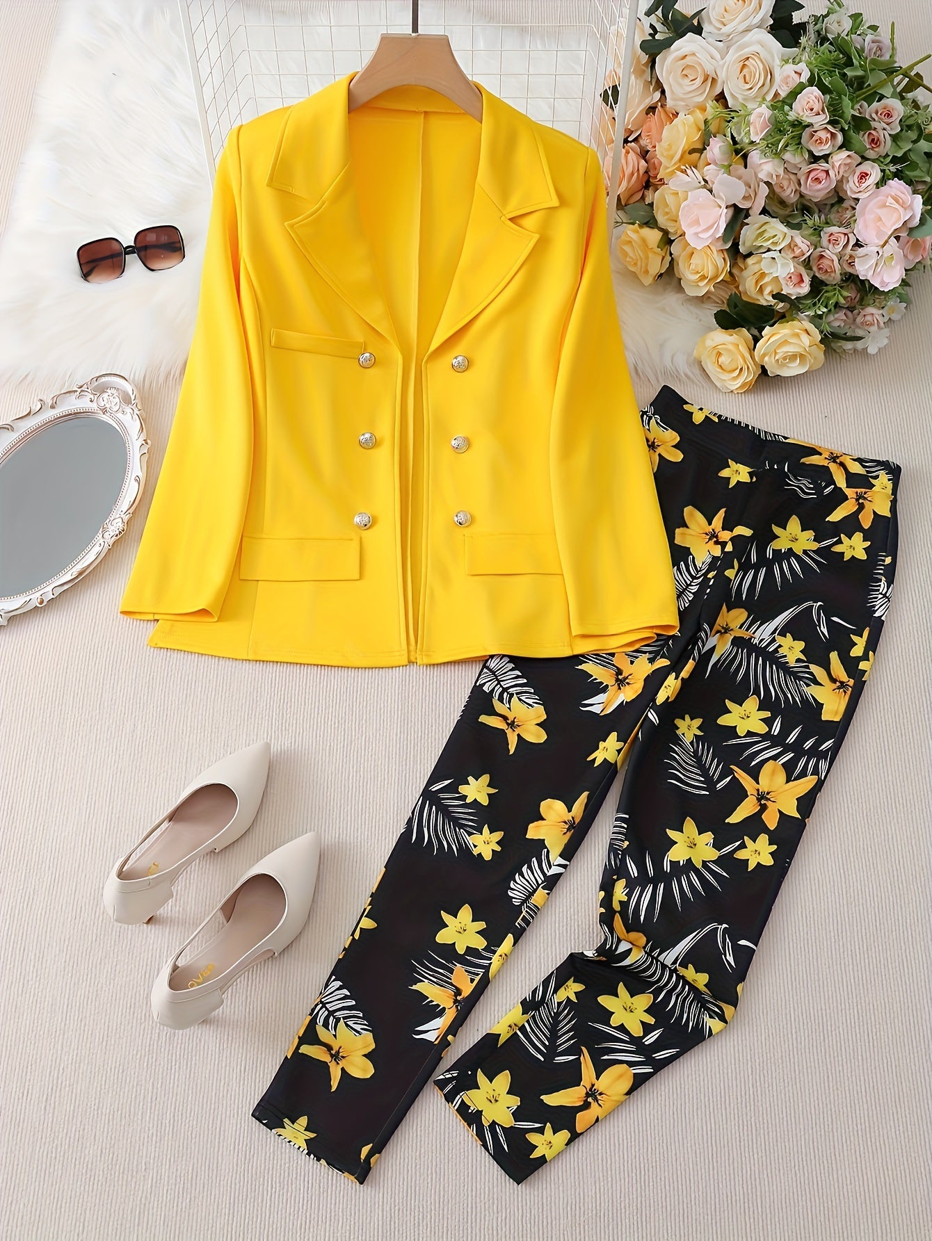 Elegant Floral Print Suit Set, Double-breasted Long Sleeve.