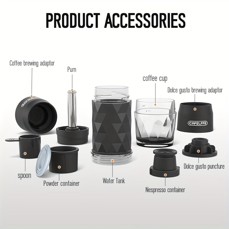 Cafelffe 3in 1 Portable Coffee Machine Manual Capsule Espresso Machine Non-heating, Non-electric, Suitable for Nespresso Capsules, Dolce Gusto Capsules and Grind Coffee, Suitable for Car, Travel, Office, Camping and Hiking, T