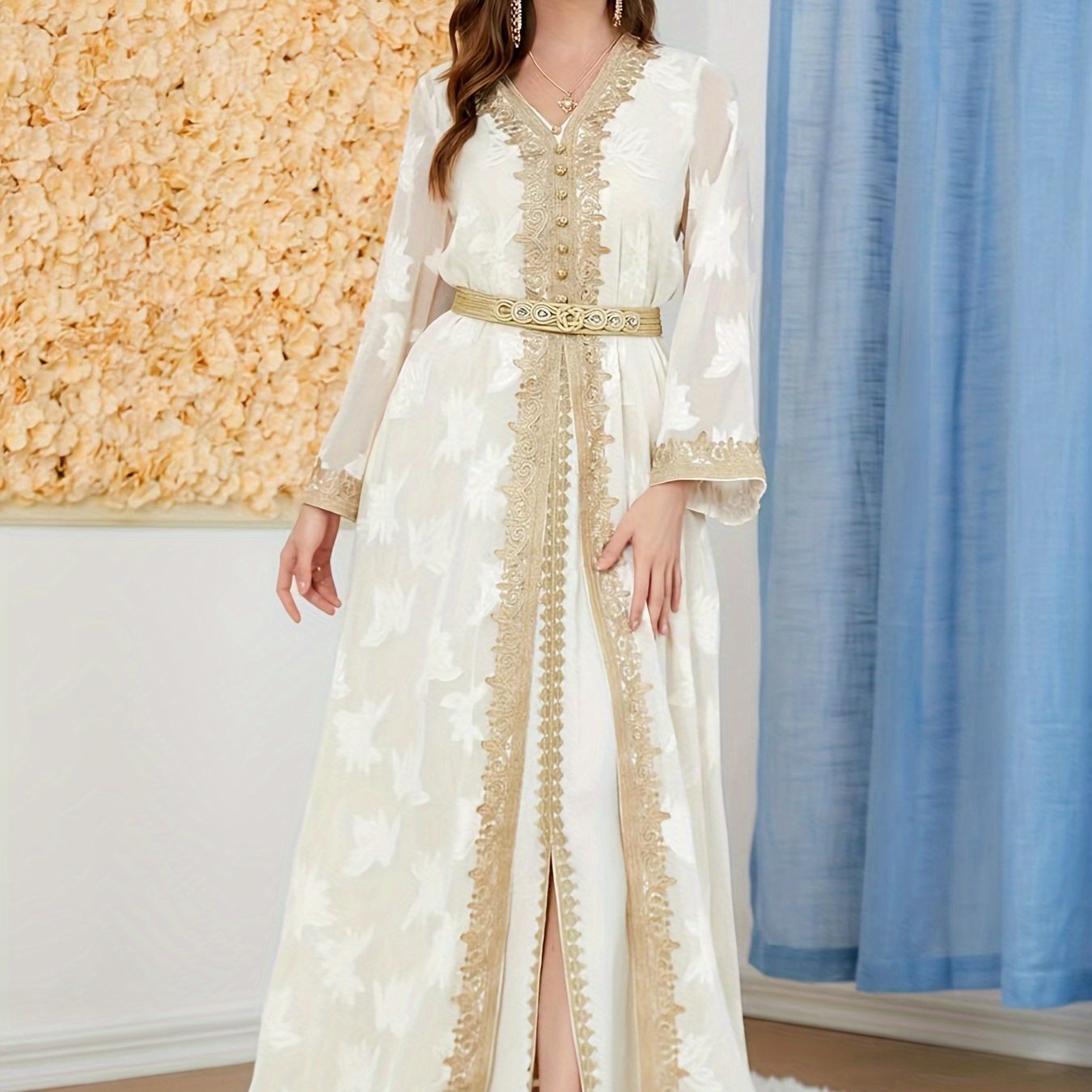Women's Middle Eastern Abaya Set, V-Neck Long Sleeve '/MH