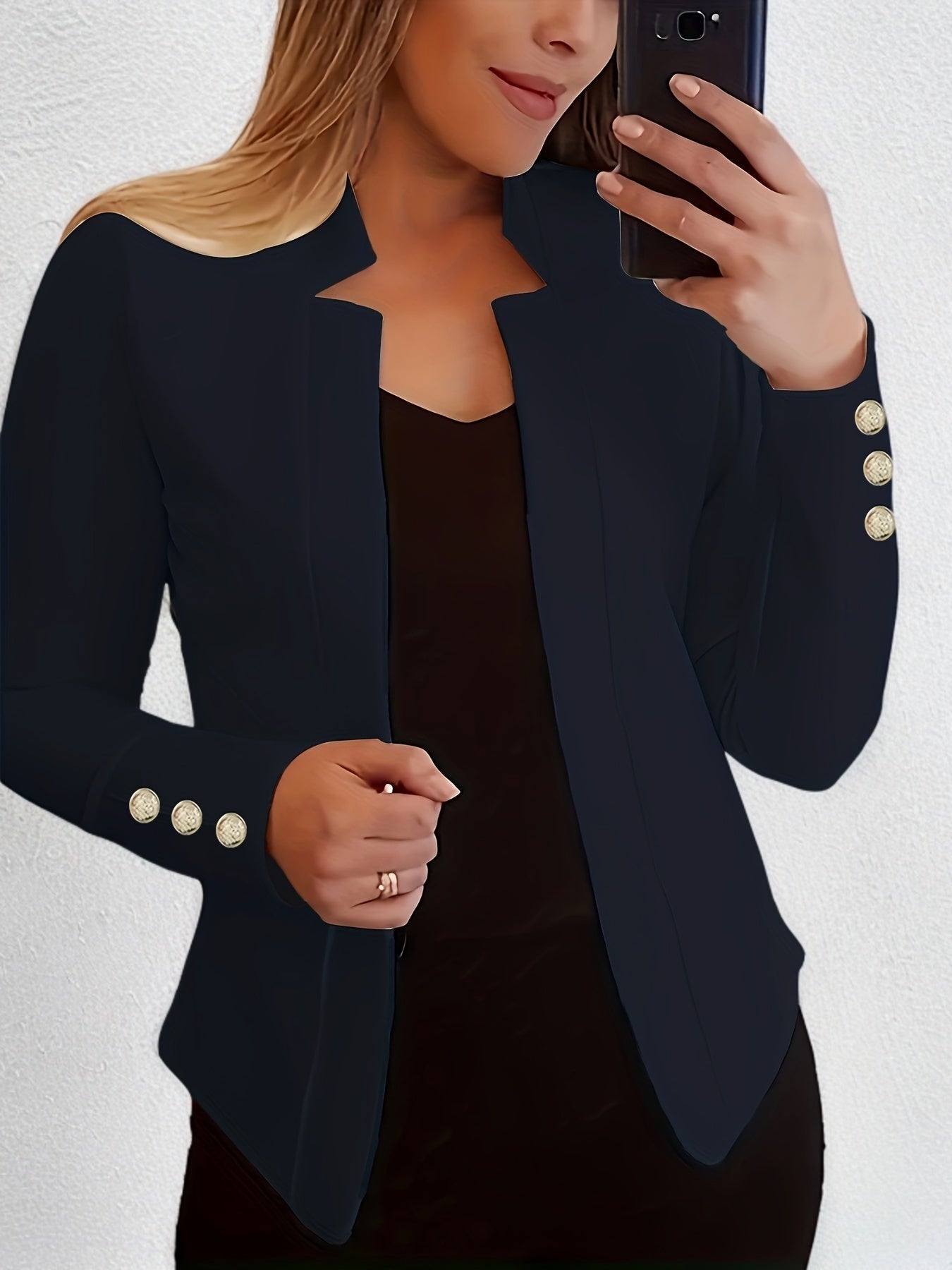 Solid Open Front Button Decor Blazer, Elegant Long Sleeve Blazer.