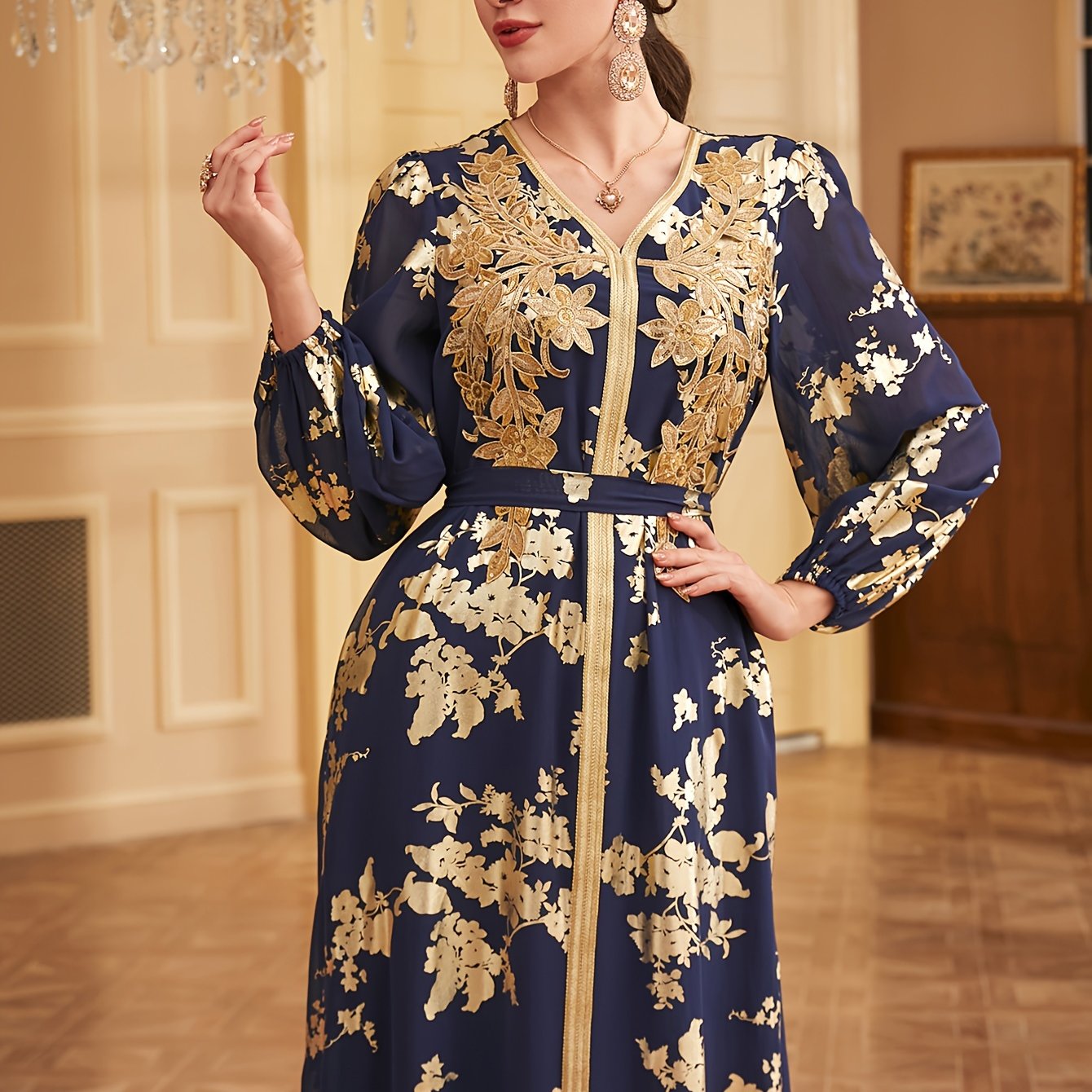 Bronzing V-neck Kaftan Dress, Elegant Long Sleeve 'MH