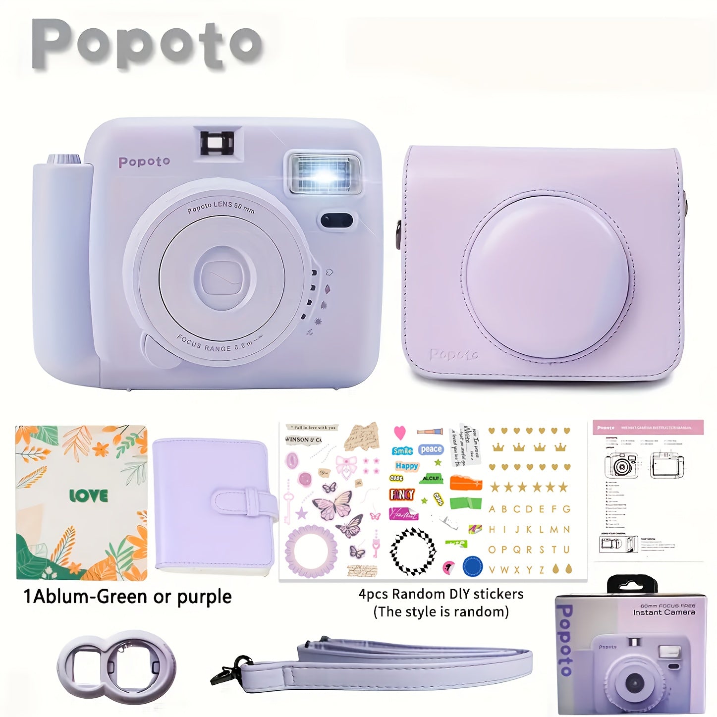Popoto Instant Camera Gift Set with PU Case - Flash-Enabled, Battery-Free Photography Kit for Outdoor Parties (Camera & Accessories Included, No Batteries or Film)