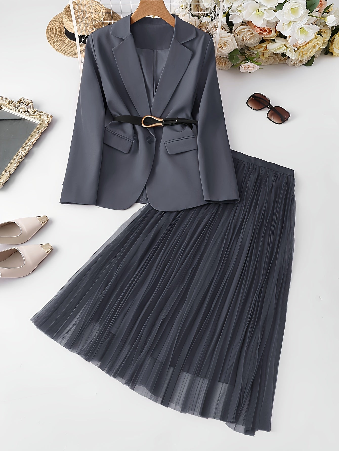 Elegant Fall/Winter Women's Suit Set - Chic Blazer & Sheer Mesh .