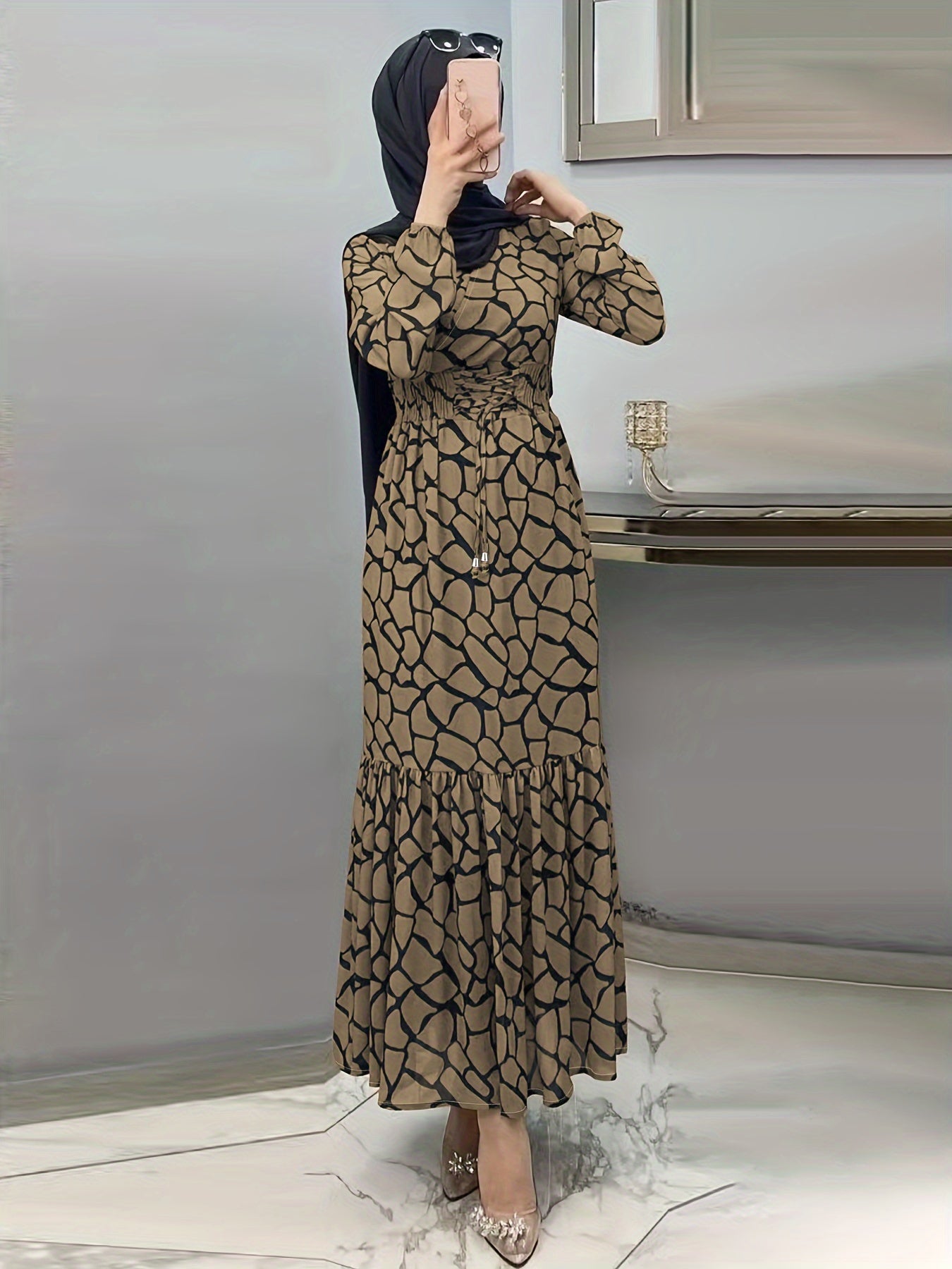 Allover Print Maxi Kaftan Dress, Casual Long Sleeve '/MH