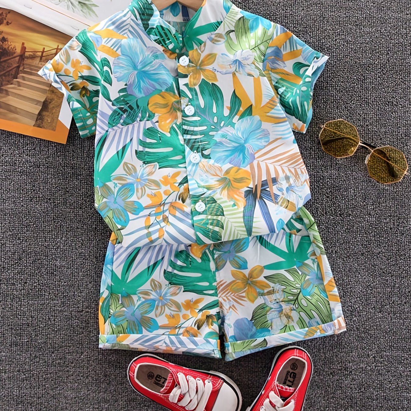 Boys Leaf And Flower Print Casual Outfit Short Sleeves .