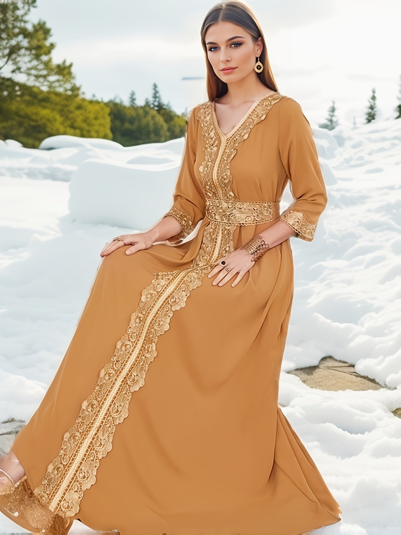 Ramadan Lace Trim V Neck Kaftan, Elegant Long Sleeve 'MH