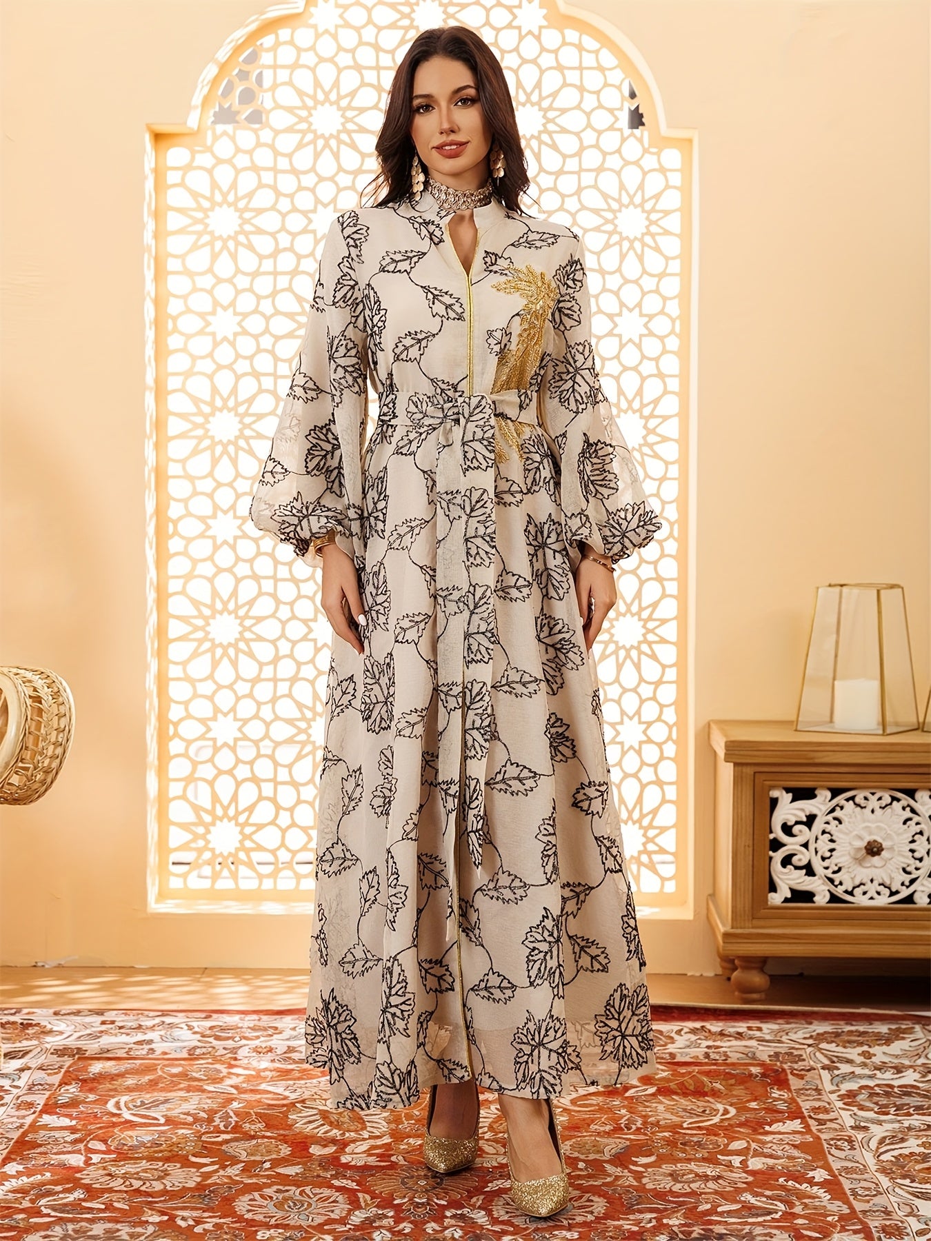 Dubai Floral Embroidery Belted Dress Belt included Lantern Sleeve/MH