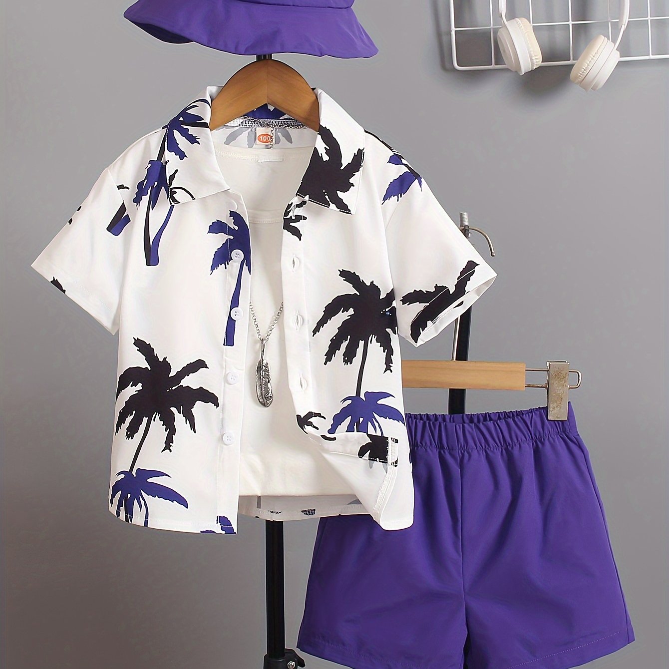 3pcs Boys Casual Coconut Tree Graphic Print Short Sleeve.